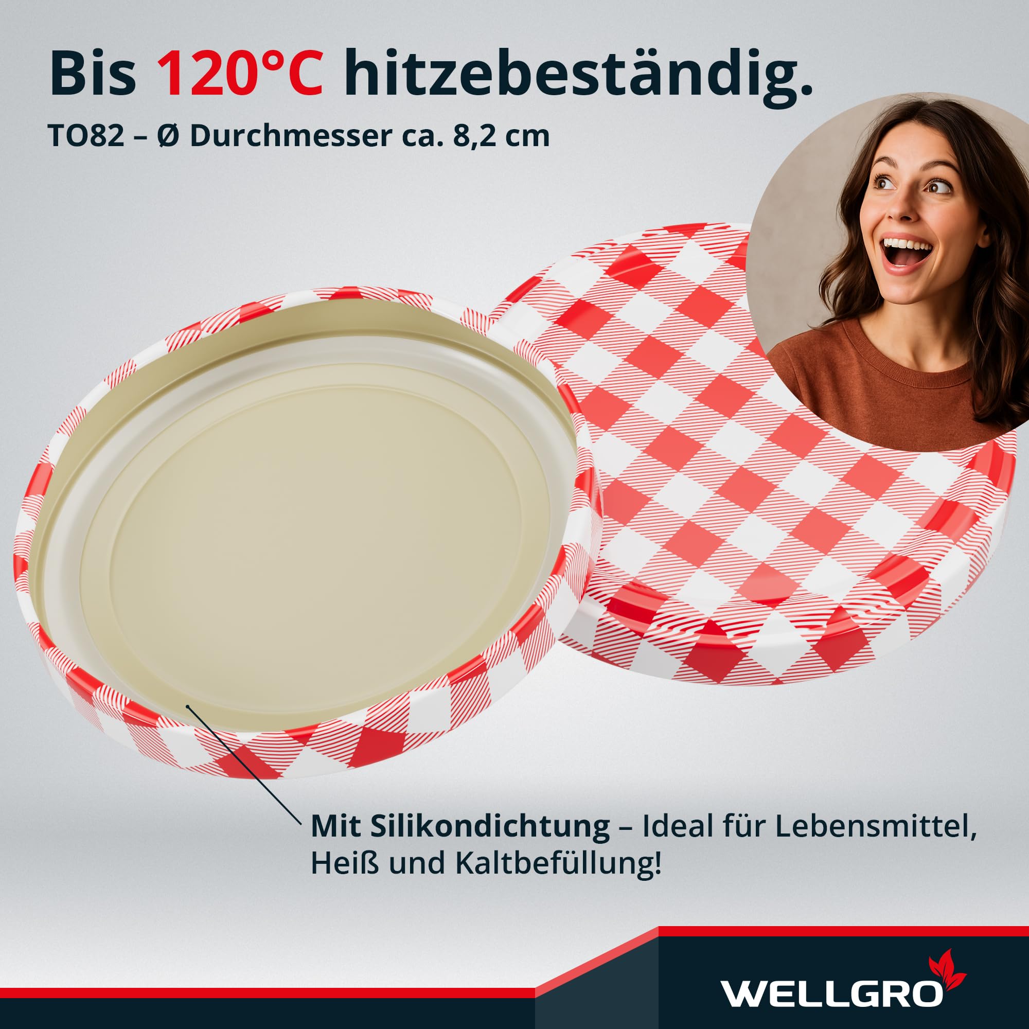 WELLGRO 50x Einmachgläser 230ml – Schraubdeckel TO82 rot kariert – Made in Germany – Vorratsgläser, Marmeladengläser, Aufbewahrungsgläser & Gärgläser
