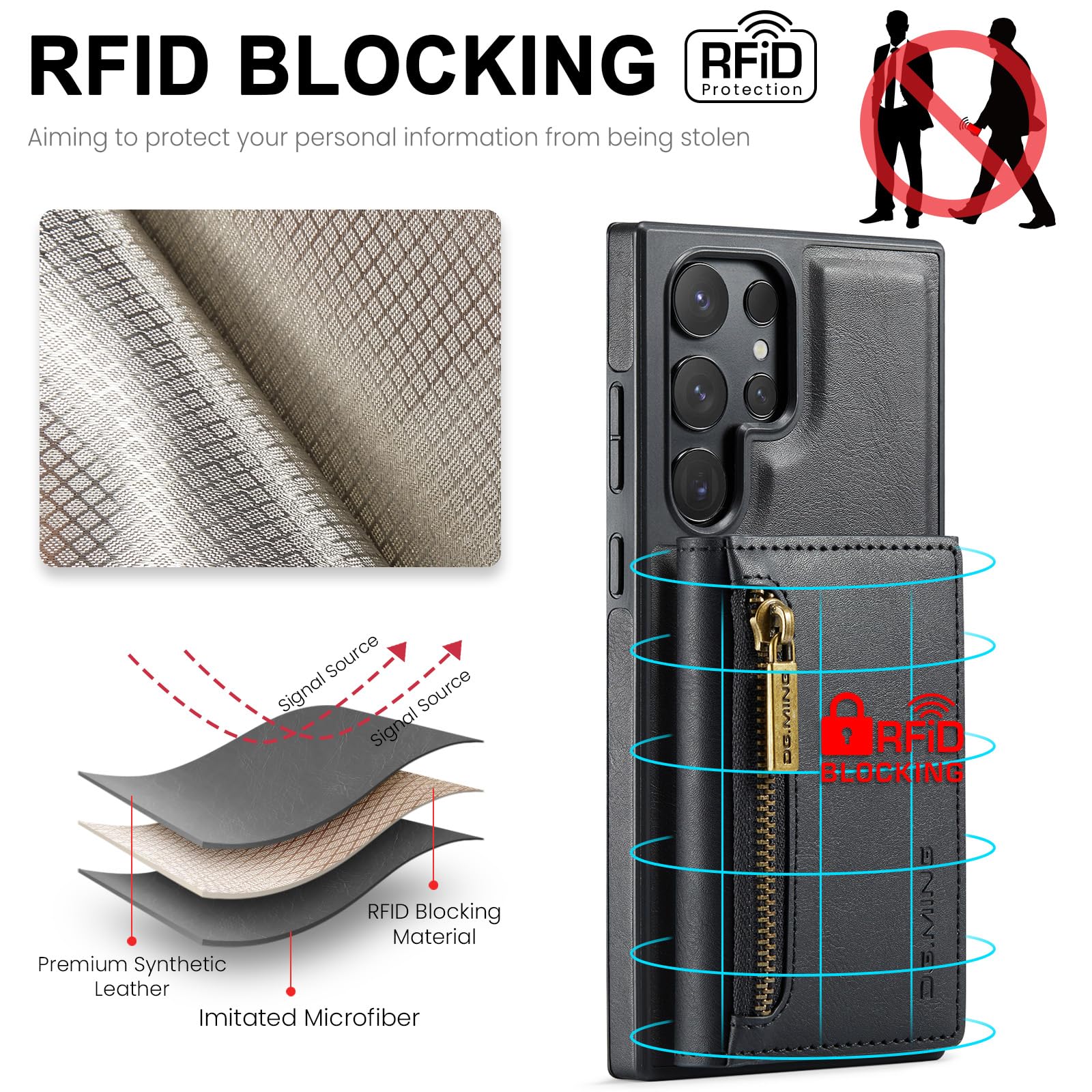 Custodia a portafoglio 2 in 1 per iPhone 14 Pro, custodia in pelle opaca con cerniera, staccabile, con fibbia a cinturino - Nero