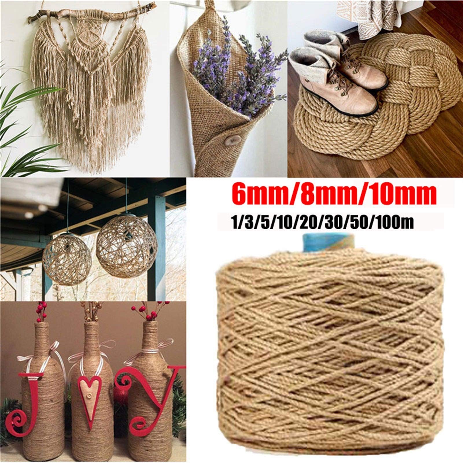 Bclla Zkenshan-Natural Jute Twine 6mm 8mm 10mm Natural Jute Rope Heavy Duty Twine Hemp Cord Macrame String DIY Handmade Decoration Pet Scratching, Natural Jute Fiber (Color : 10mmx20m)