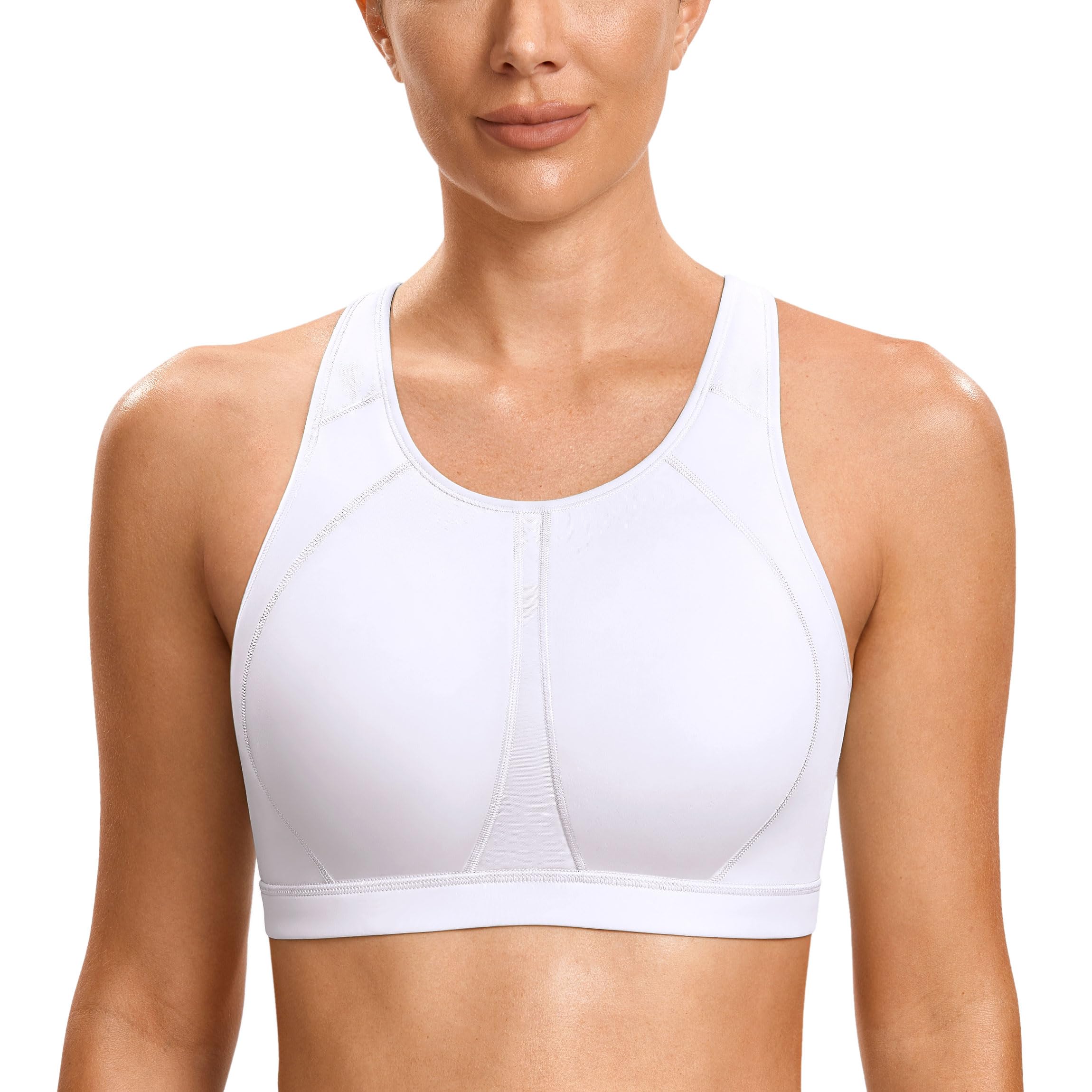 SYROKAN Women's Sports Bra for Large Breasts High Impact Full Coverage Padded Wireless Running Halter Neck Bra White 2 36B