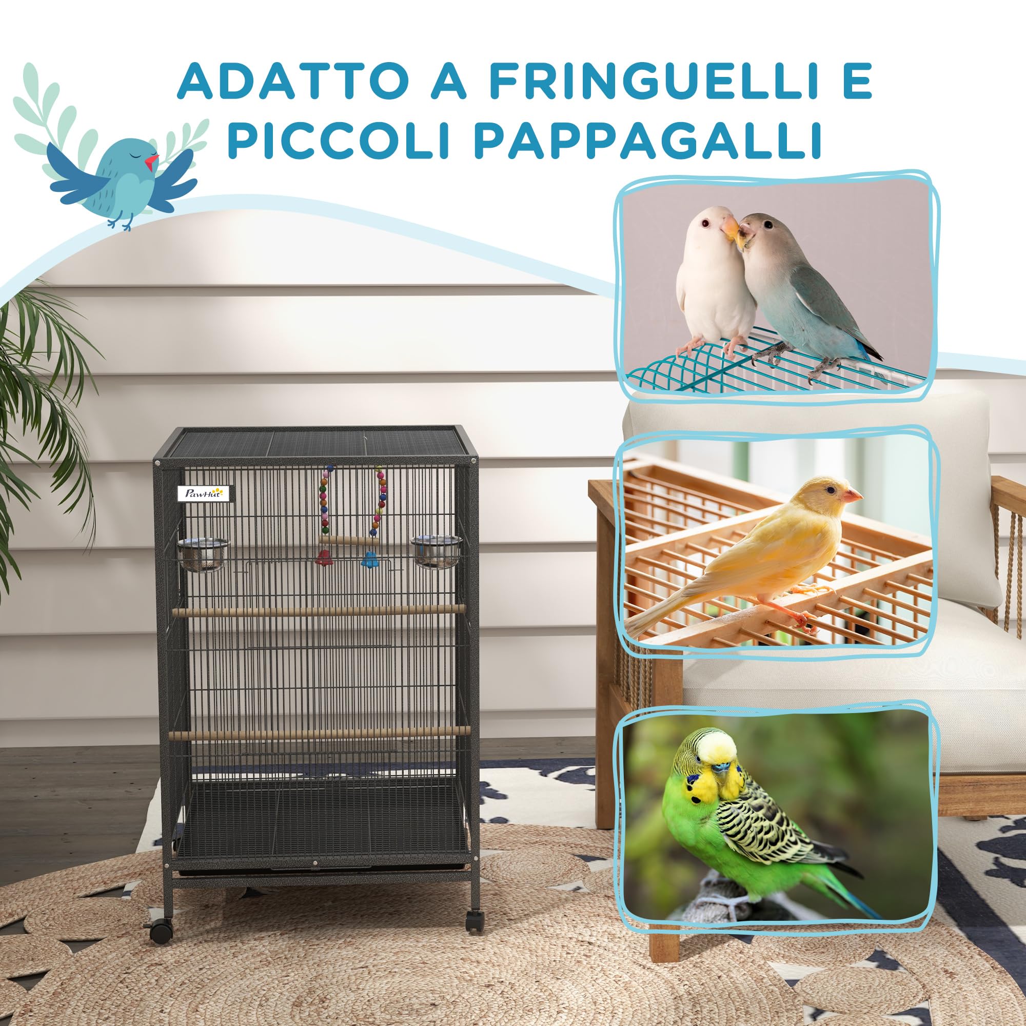 PawHut Gabbia per Uccelli in Acciaio e Plastica PP con 5 Porte, 2 Posatoi, Altalena e Vassoio Estraibile, 48x46x78 cm, Grigio