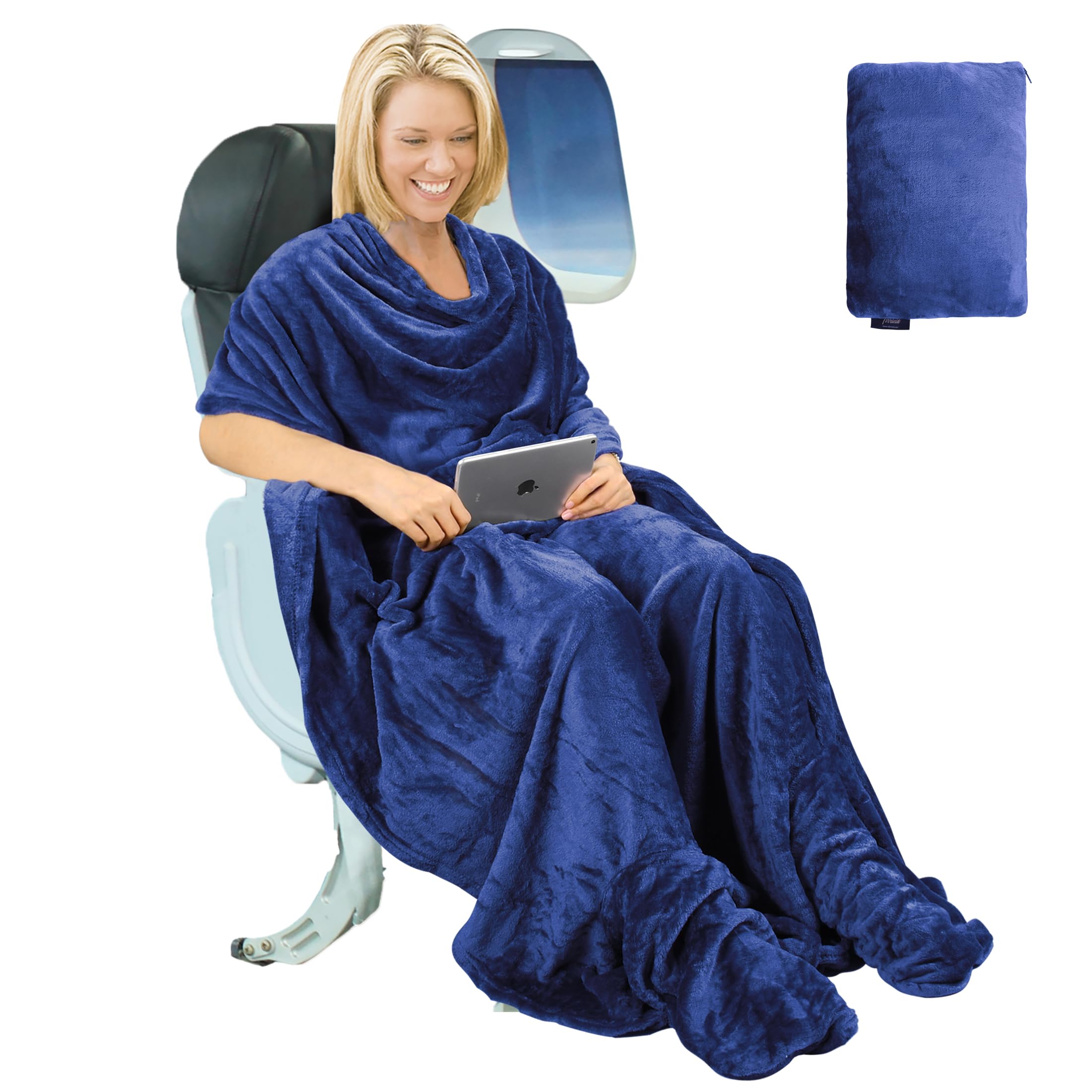 Tirrinia Travel Portable Blanket with Feet Airplane Office Poncho 4 in 1 Zippered Front Pocket Premium Cozy Fleece Blankets with Built-in Bag