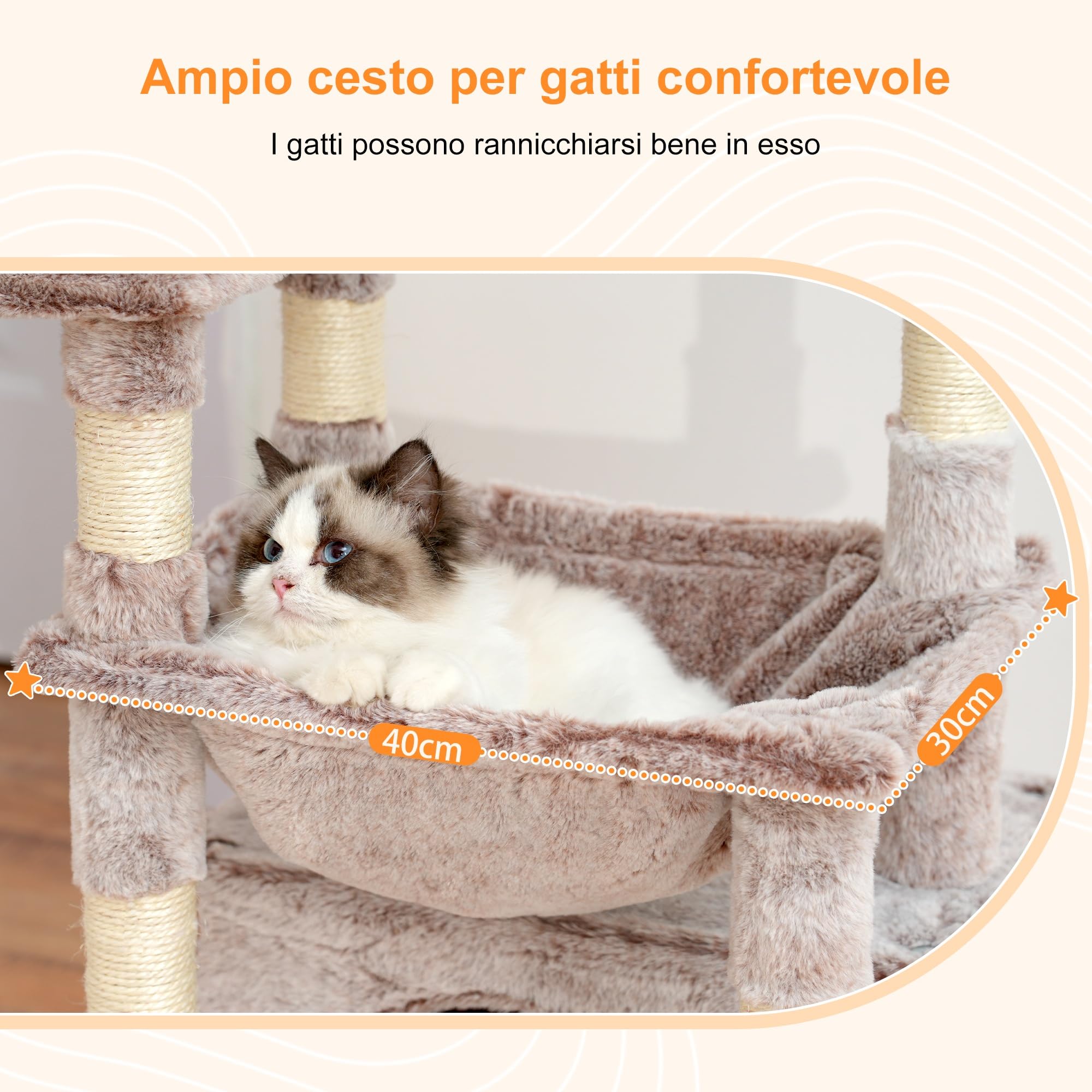 Heybly Albero per Gatti, con Cestino Extra Grande e Morbido, Letto Spazioso, Posto Letto Nascosto, Colonne in Sisal Robuste e Palla di Peluche, Beige Marrone HCT008SMU