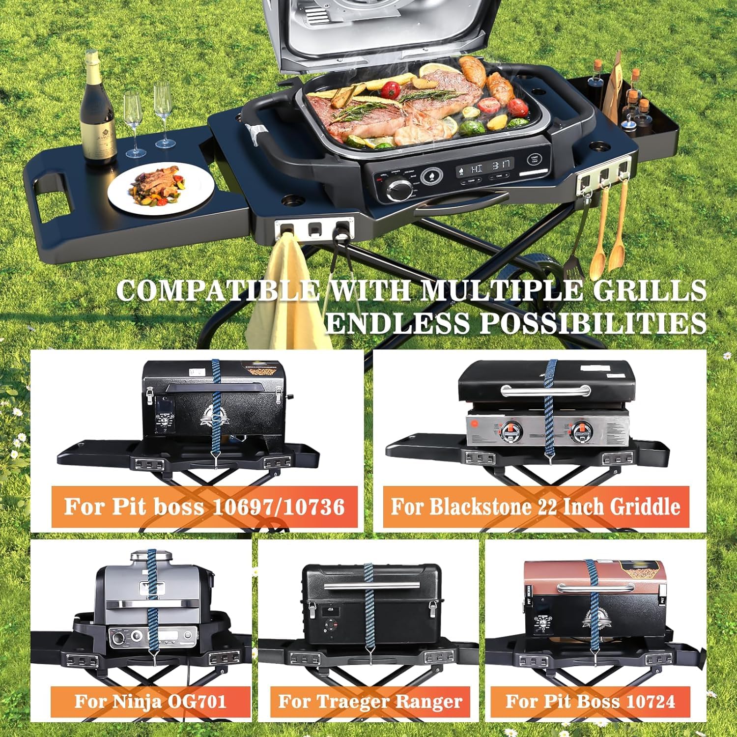 Carro de barbacoa portátil para Ninja Woodfire OG700, OG701, 10697/10724, 57 cm, Blackstone, Traeger Ranger, con soporte plegable, bandeja y cesta