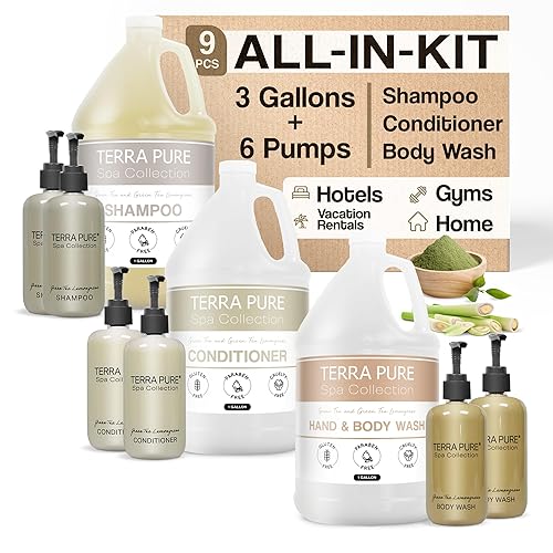 Spa Collection Juego de galones y dispensadores | Kit de amenidades 1-Shoppe | Champú, acondicionador, gel de baño | Botellas de bomba recargables