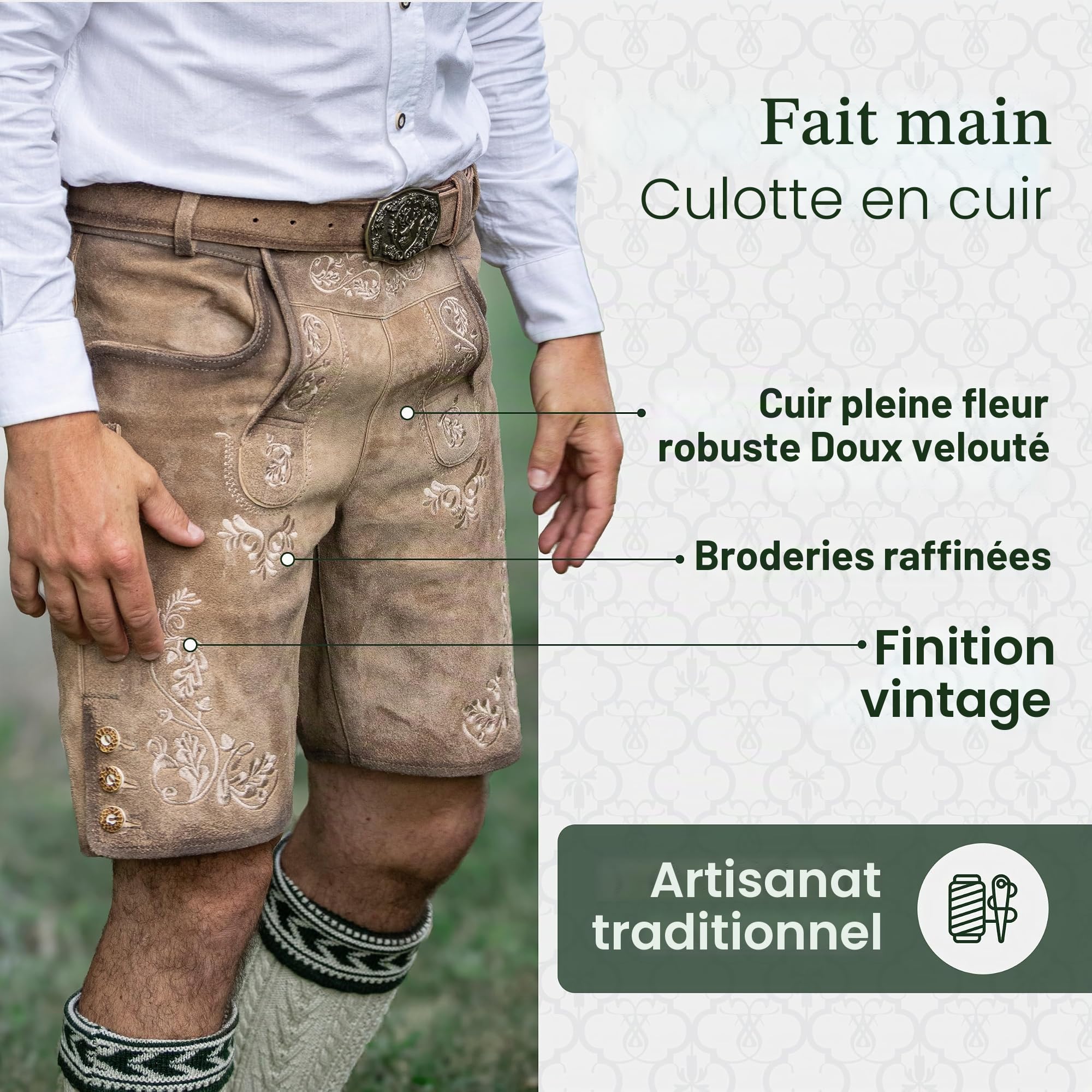 Schöneberger Trachten Couture Lugano Pantalon court en cuir pour homme avec ceinture traditionnelle vintage pour fête de la bière en nubuck