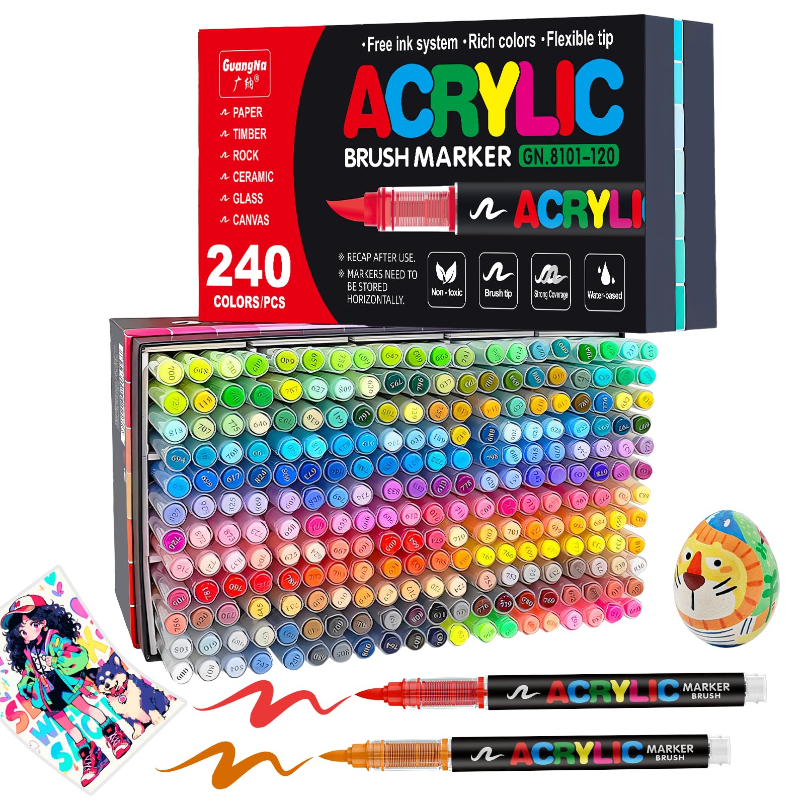 JRQ 240 Colors Acrylic Paint Markers, Brush Tip Acrylic Paint Pens for Wood Rock Glass Canvas Stone Fabric Glass Metal Ceramic Canvas DIY Crafts Art Supplies Kids Gifts