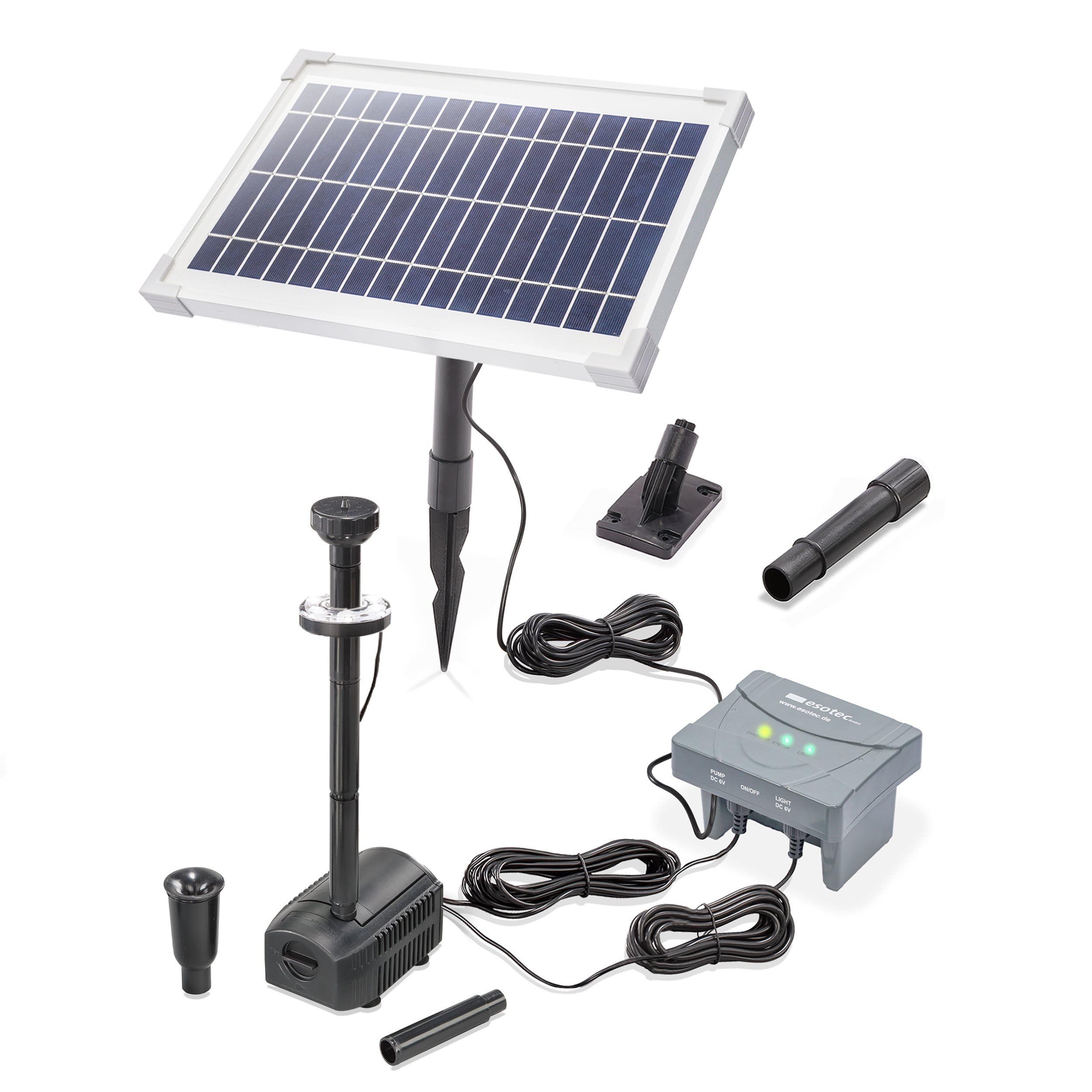 Esotec 101936 Kit de pompe et solaire à LED pour bassin avec 8 400 LED, batterie LiFePo4, piquet de terre, panneau solaire 8 W, fontaine de jardin