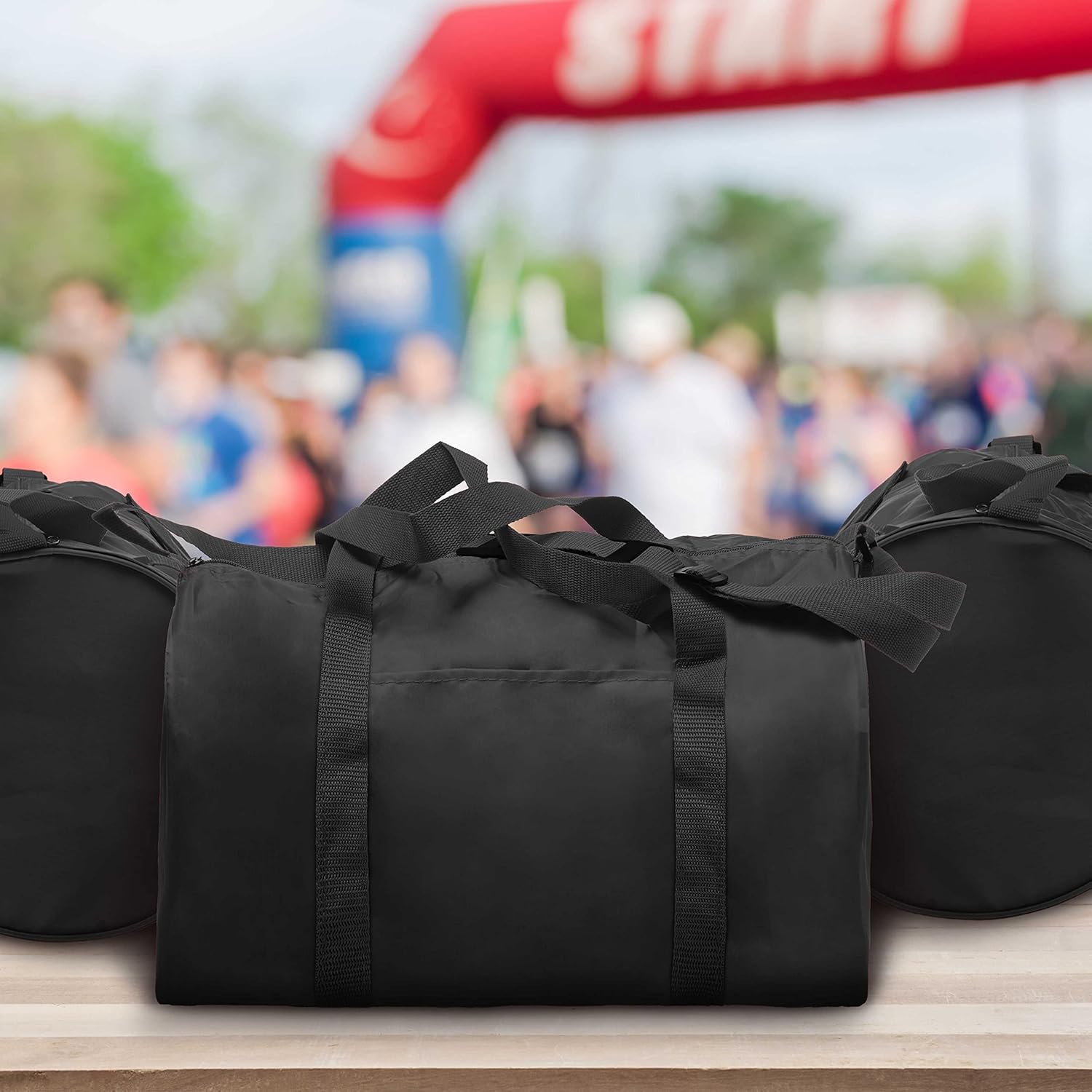6 Sporty Duffle Bags Set - Polyester, Adjustable Strap, Front Pocket, Roll Styling - Black