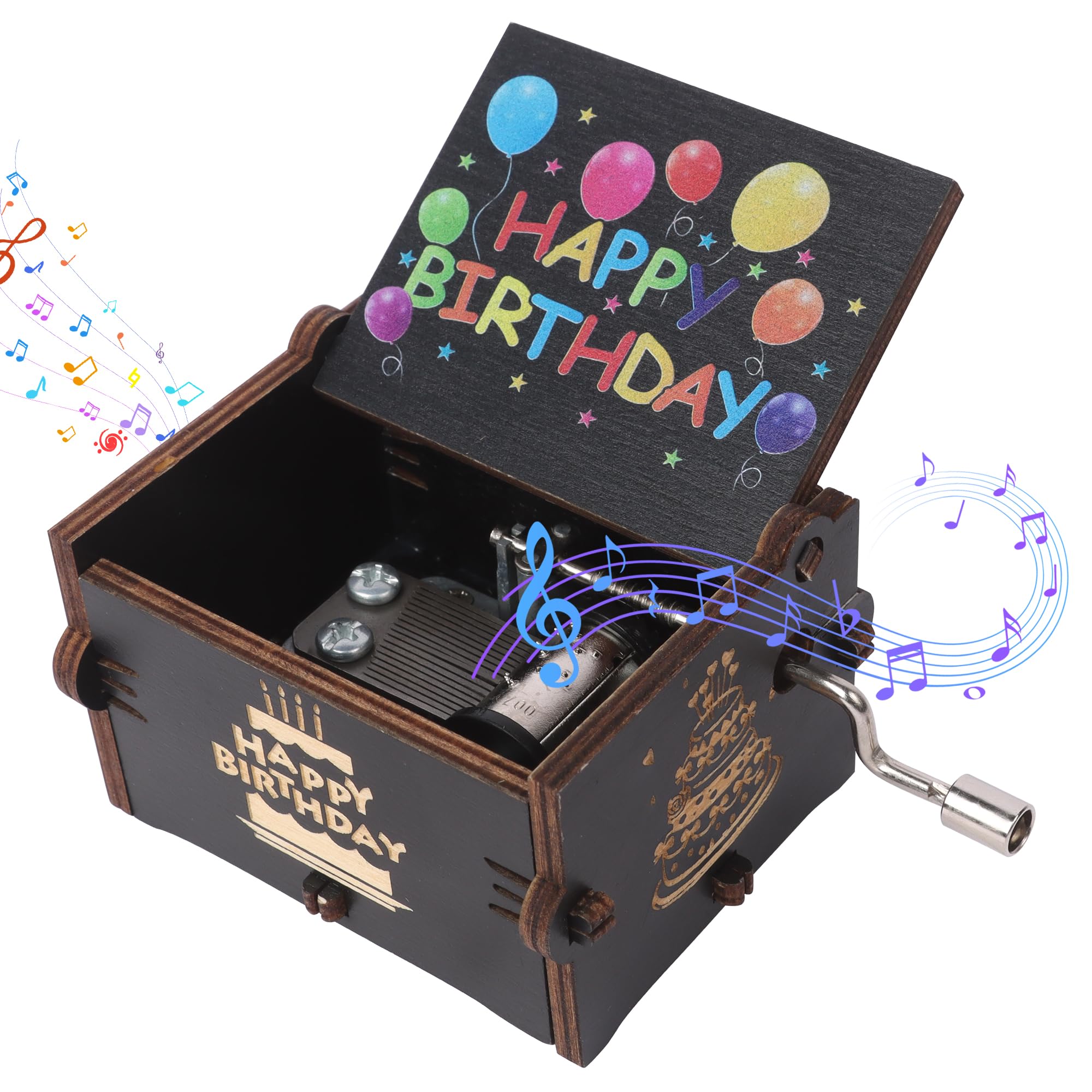 Businey Wooden Happy Birthday Music Box, Happy Birthday Hand Crank Melody Music Box, Mini Wood Music Box, Laser Engraved Vintage Music Box for Daughter Son Wife Dad Friends Birthday Gifts