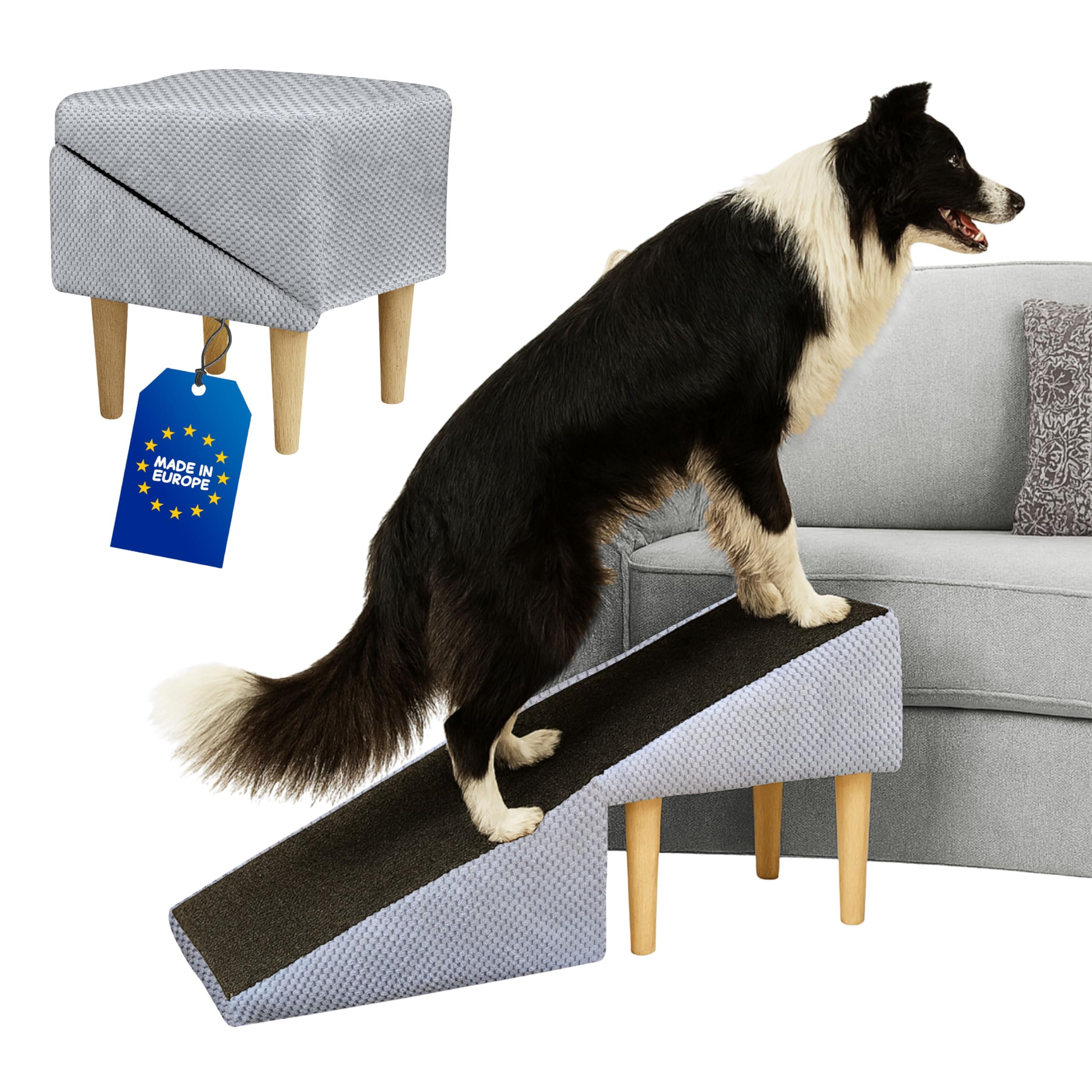 Outentin Hundetreppe Klappbar – Rutschfeste Hunderampe & Weiche Haustiertreppe für Kleine & Große Hunde, Treppe für Sofa & Bett, Stabil & Faltbar, Möbeloptik, 36 cm Hoch – Zuhause & Unterwegs,Hellgrau