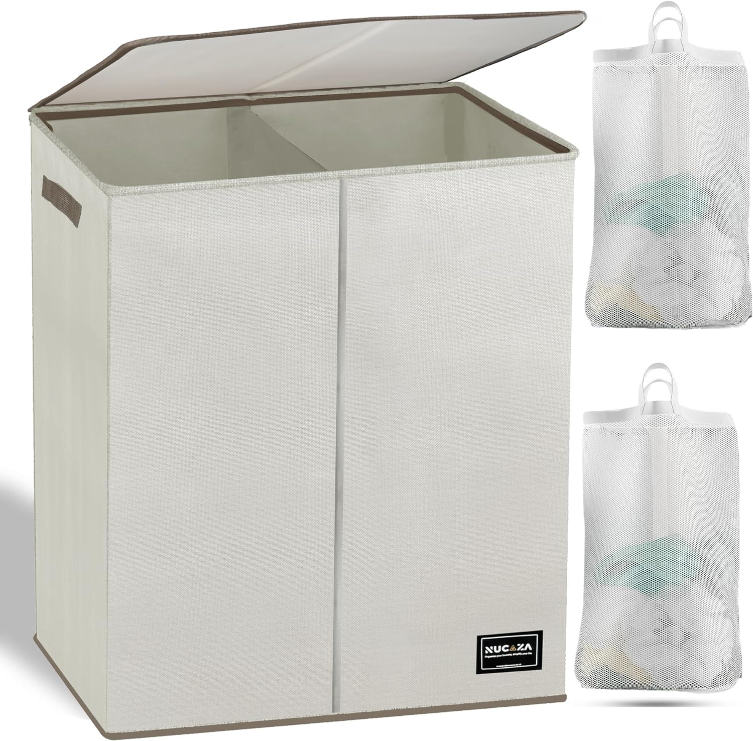 NUCAZA 145L Double Laundry Basket with Lid & Removable Laundry Bags, 2 Compartments Washing Basket for Light & Dark Clothes, Large Laundry Hamper, Collapsible Laundry Bin Storage Basket Beige