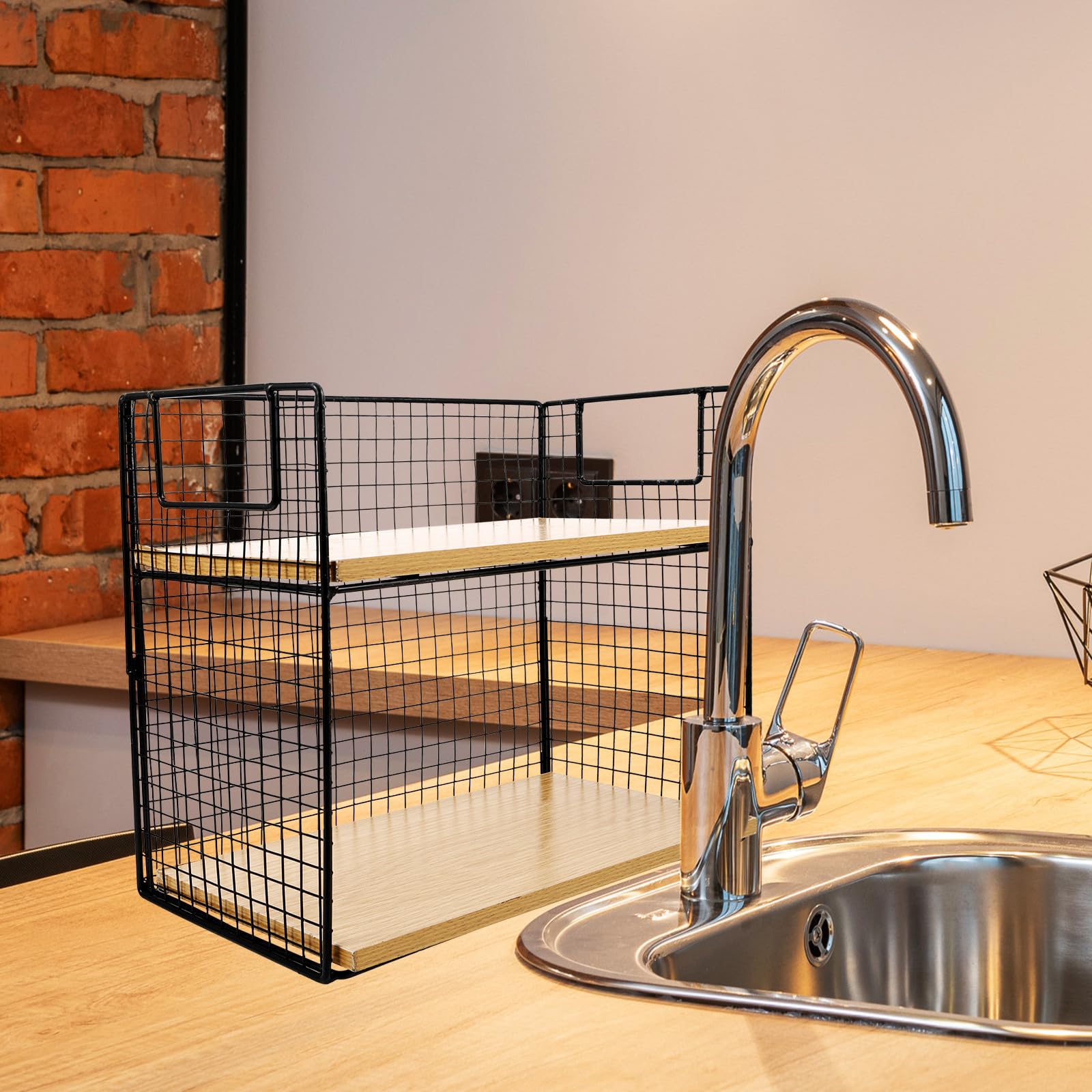 FRCOLOR 2-stufiges Küchenregal aus Metall und Holz Praktisches Gewürzregal und Tassenablage Vielseitiger Organizer für Küchenarbeitsplatte und Esstisch zu Hause