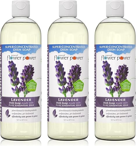 Natural Flower Power Jabón líquido para platos  Lavanda de 16 onzas líquidas  Paquete de 3  A base de plantas y perfumado con aceites esenciales