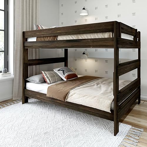 PlankBeam Litera de madera rústica marco de cama individual sobre matrimonial litera de alta resistencia para adultos no necesita somier marrón