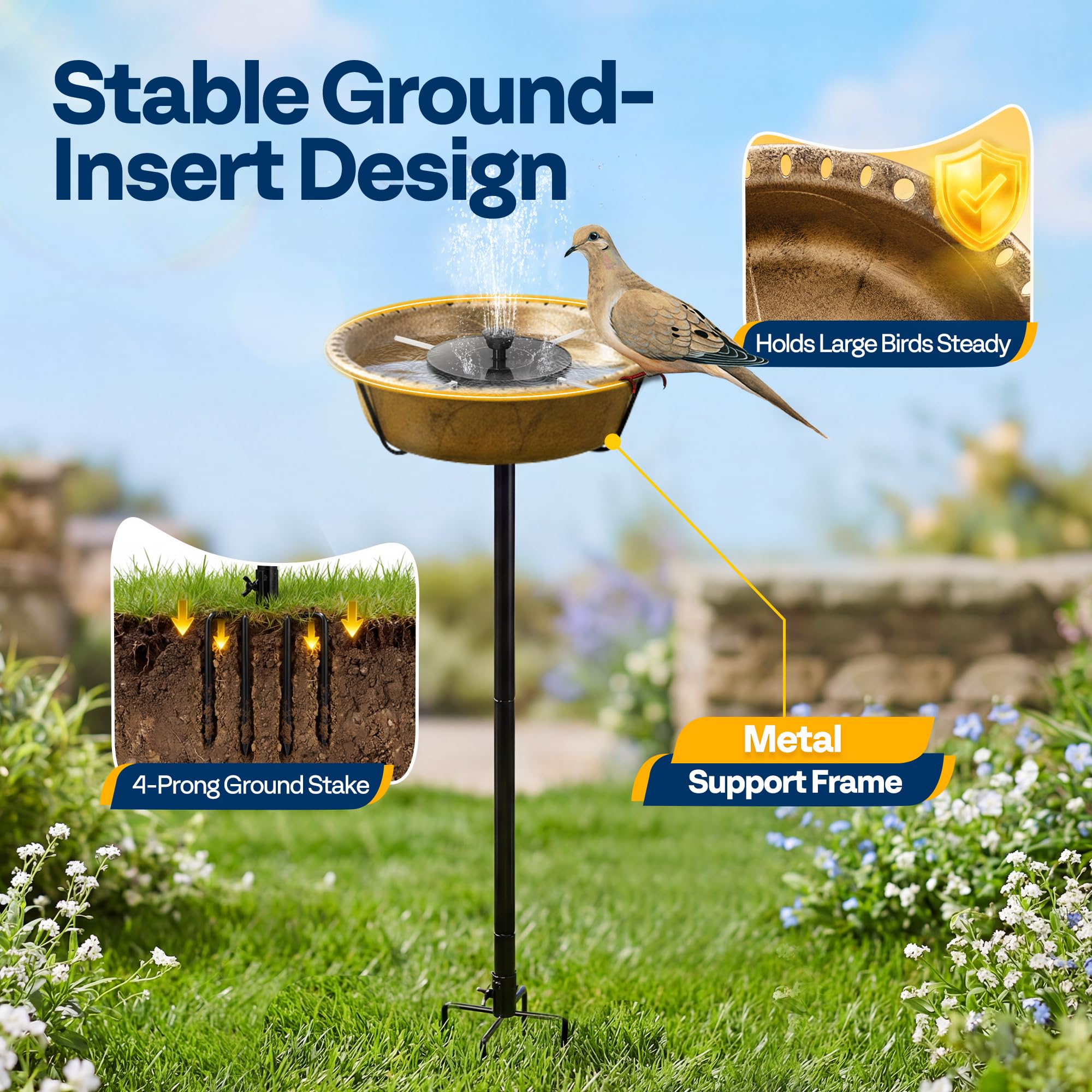 VIVOHOME Bacino per Uccelli in Poliresina con Fontana Solare, Altezza 74cm, Mangiatore per Uccelli da Giardino Autonomo con Pali in Metallo, Base a 5 Punte