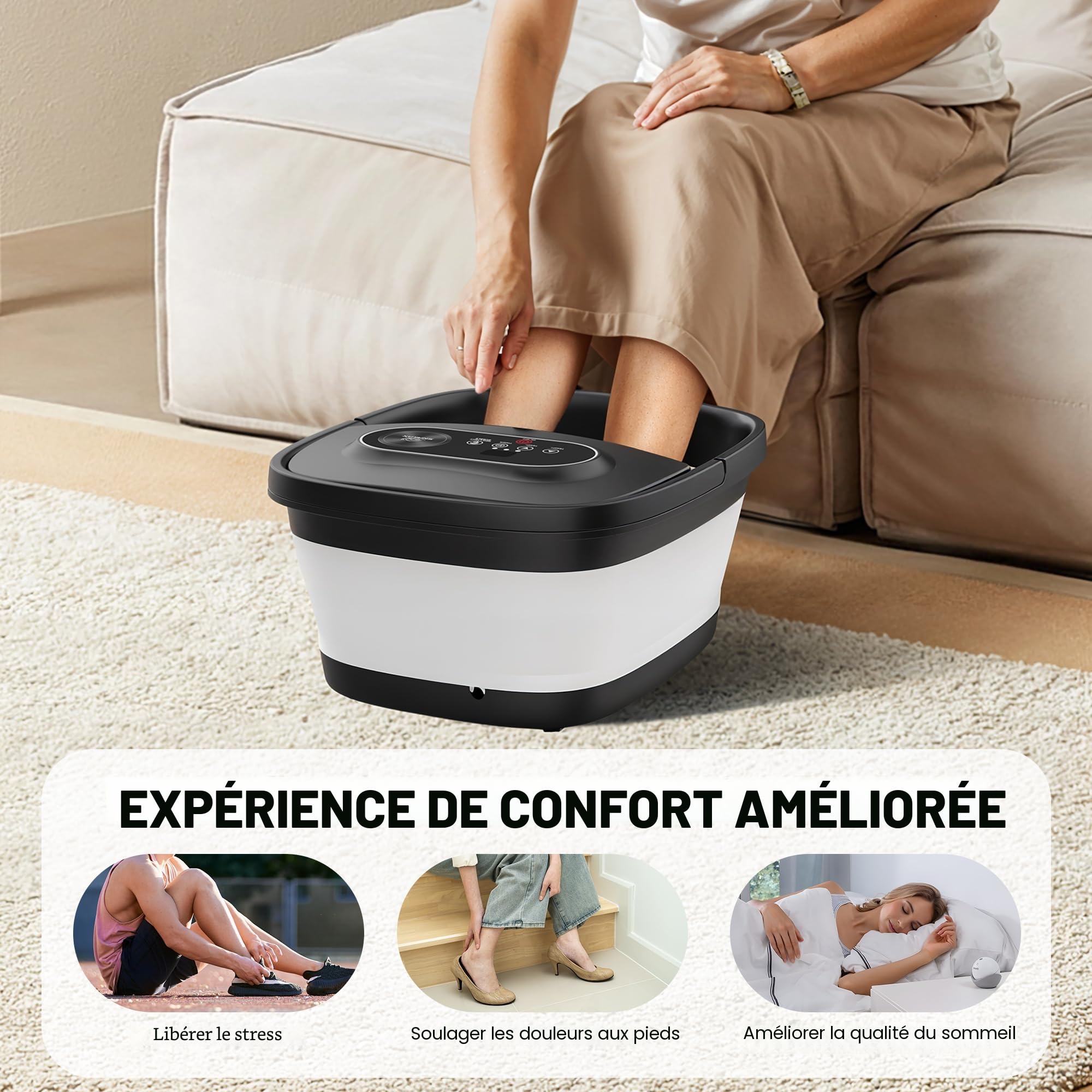 Snailax Bain de Pieds Pliable avec Chauffage et Massage, Spa Pour Pieds avec 14 Niveaux de Chauffage | Rouleaux Shiatsu | Bulles | Lumière Rouge | Minuterie, Massage Pieds Spa 35℃-48℃