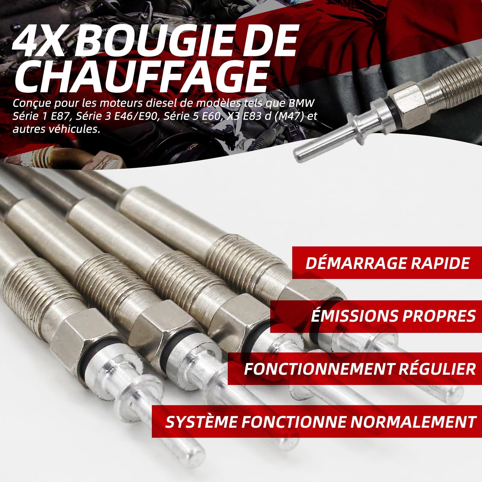 Lot de 4 bougies de préchauffage pour B-M-W Série 1 E87 Série 3 E46 E90 Série 5 E60 X3 E83 d M47 Numéro de pièce : 0250402002