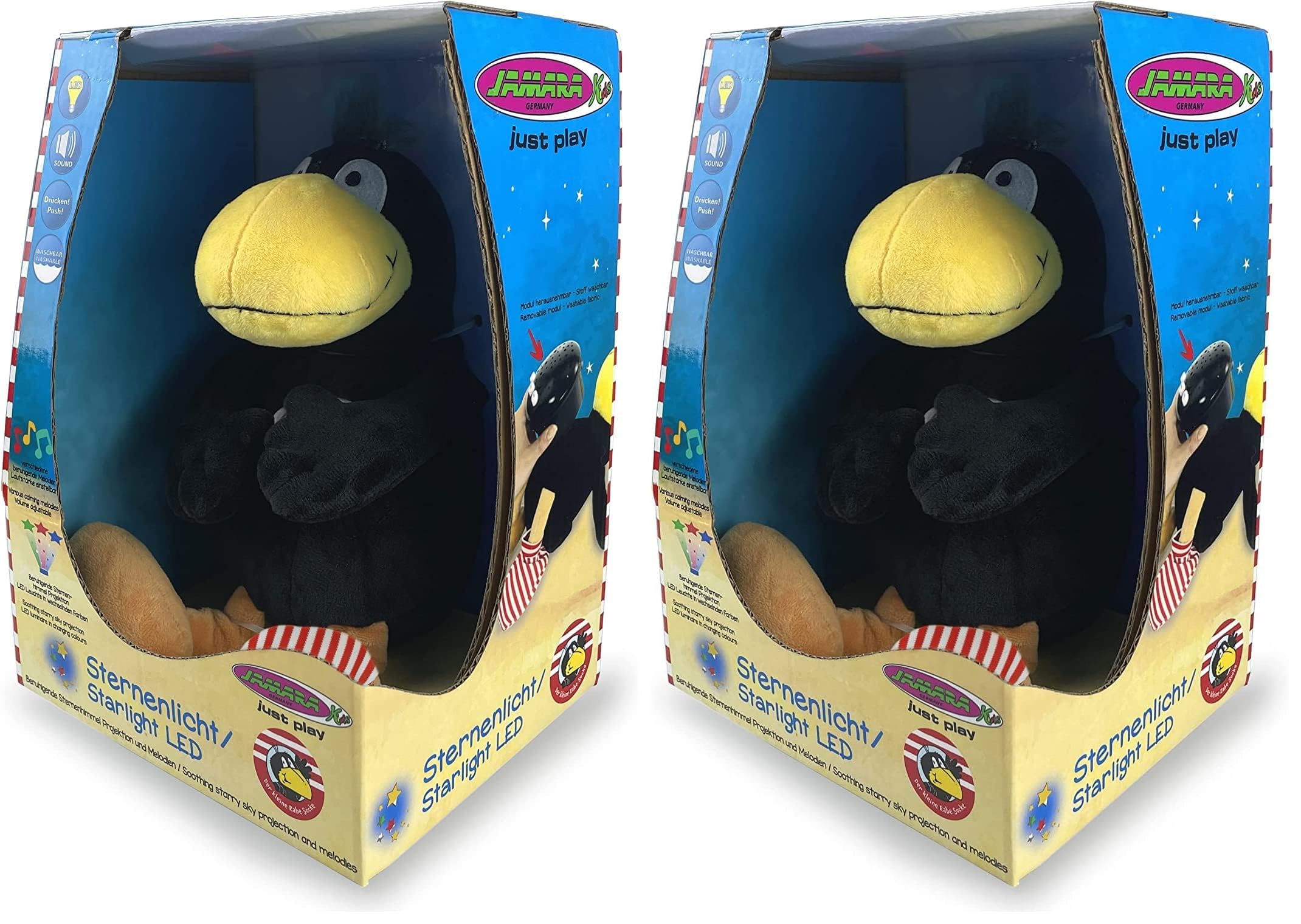 JAMARA Sternenlicht „Der kleine Rabe Socke“ - Sternenhimmel Projektion, Stern-/ Mondmuster, LED wechselnde Farben, beruhigende Melodien, Licht EIN/aus, Abschaltautomatik (Packung mit 2)