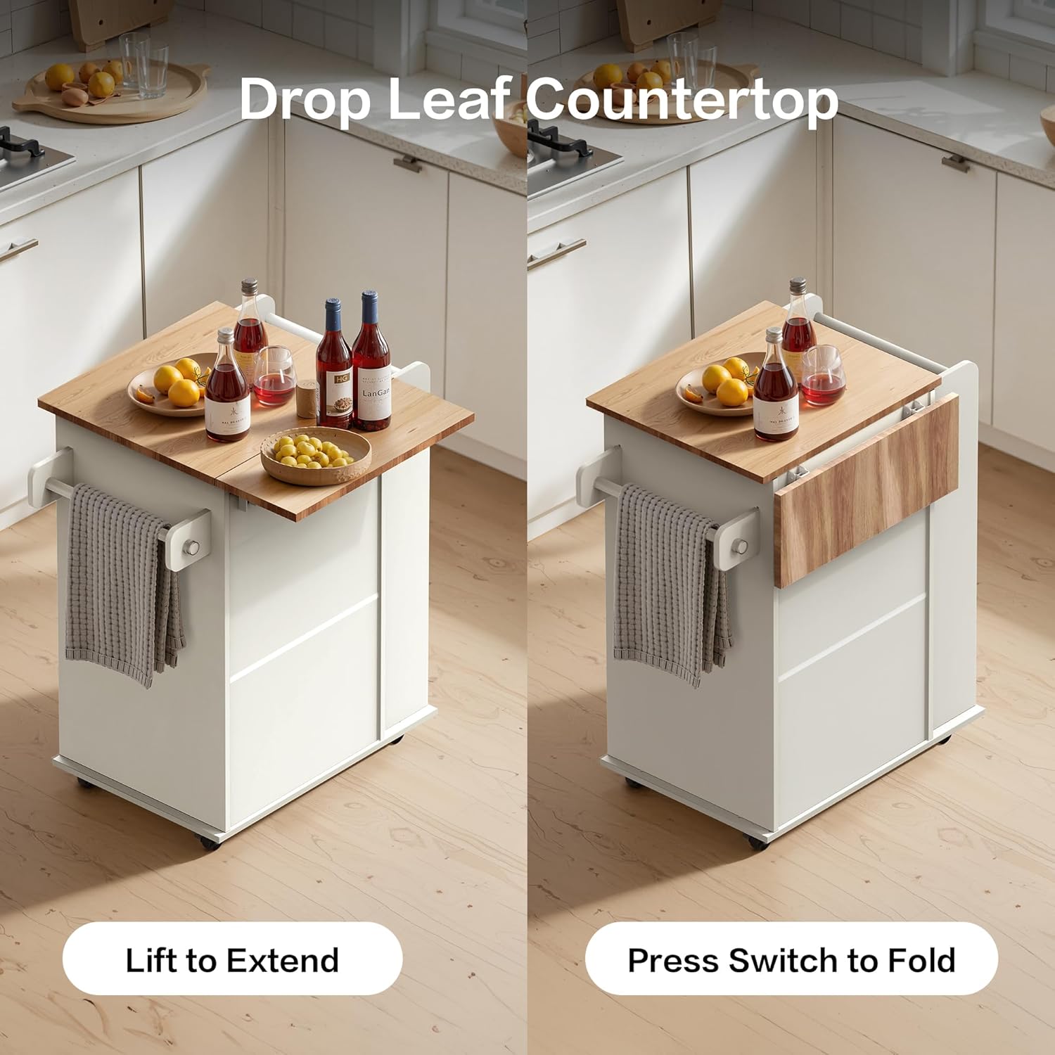 Kitchen Island with Trash Can Storage & Drop Leaf, Portable Kitchen Island on Wheels, Rolling Island Table for Kithchen