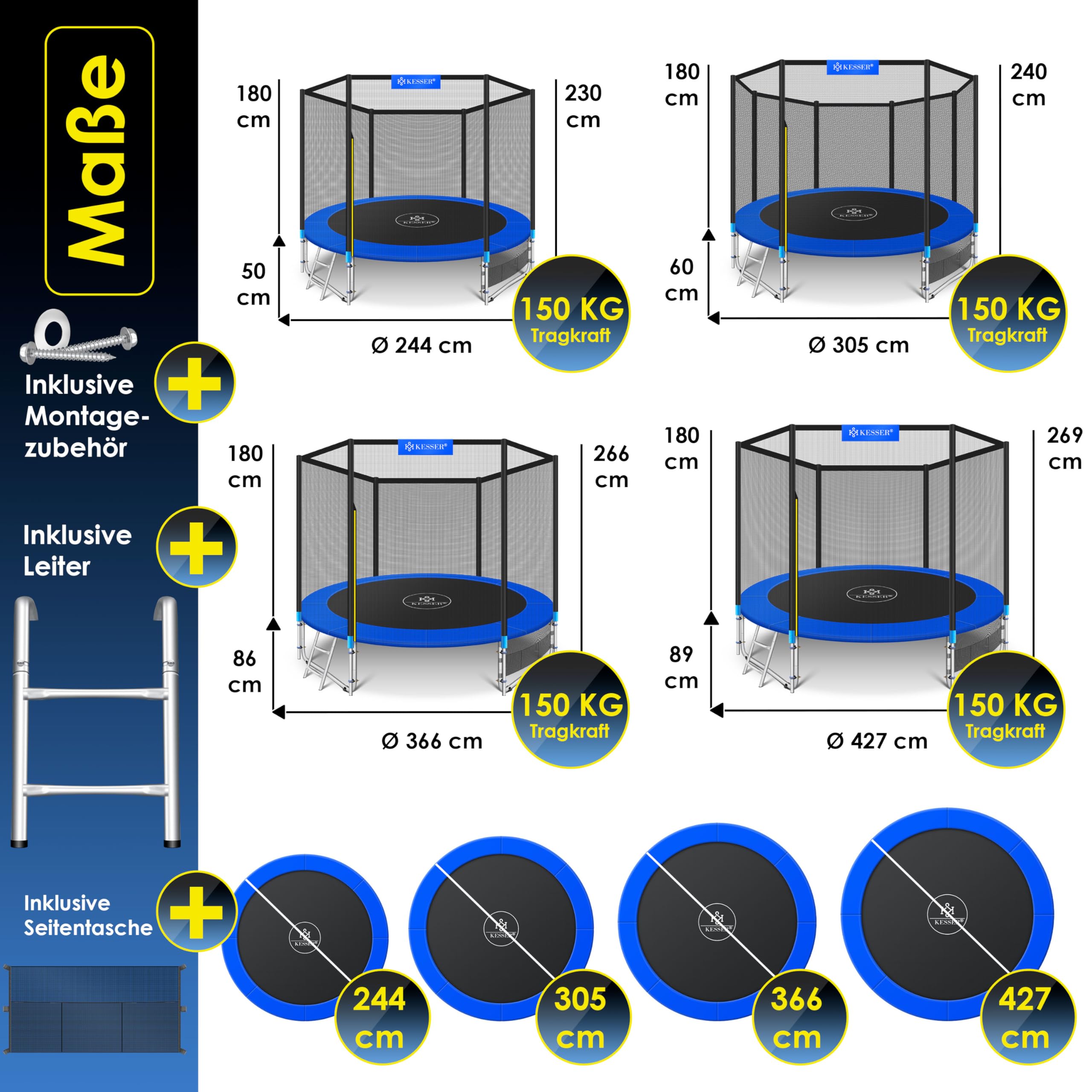 KESSER® Trampolin Outdoor Ø244/305/366/427cm Gartentrampolin Kinder Trampolin Komplettset + Sicherheitsnetz, Leiter & Familien Trampolin für Garten + Seitentasche & Montageset, belastbar bis 150kg
