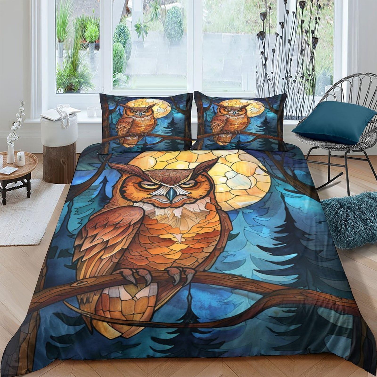 Ctjqhvkz Style-1 3D Printed Owl Night Forest Fitted Sheet Microfiber Soft Breathable Moon Bed Cover For Bedroom Guest Room Decor Single（135X200cm）
