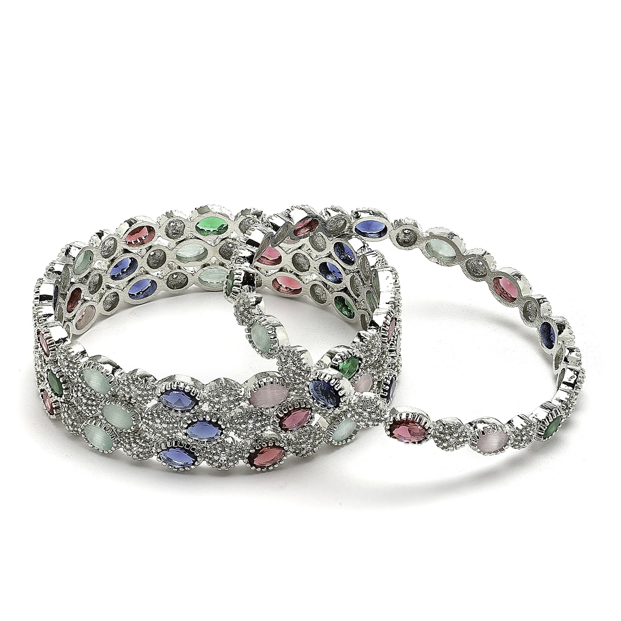 ZENEMERhodium-Plated Multicolour Oval & Rectangle Shaped American Diamond Studded Handcrafted Silver Plated Set of 4 Bangles For Girls and Women