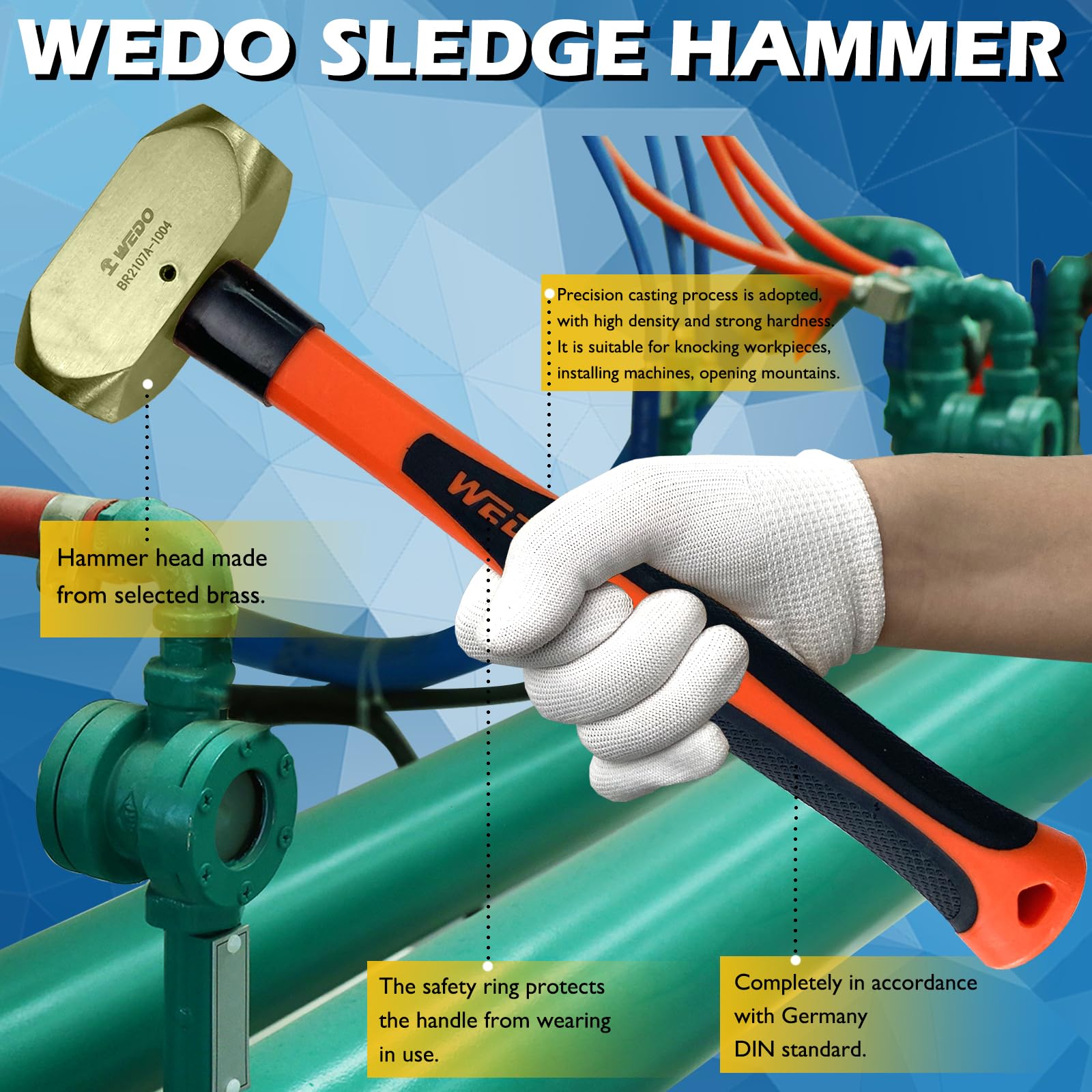 WEDO Martillo Plano de Latón con Mango de Fibra Vidrio, Maza,5 libras,400 mm,16 pulgadas