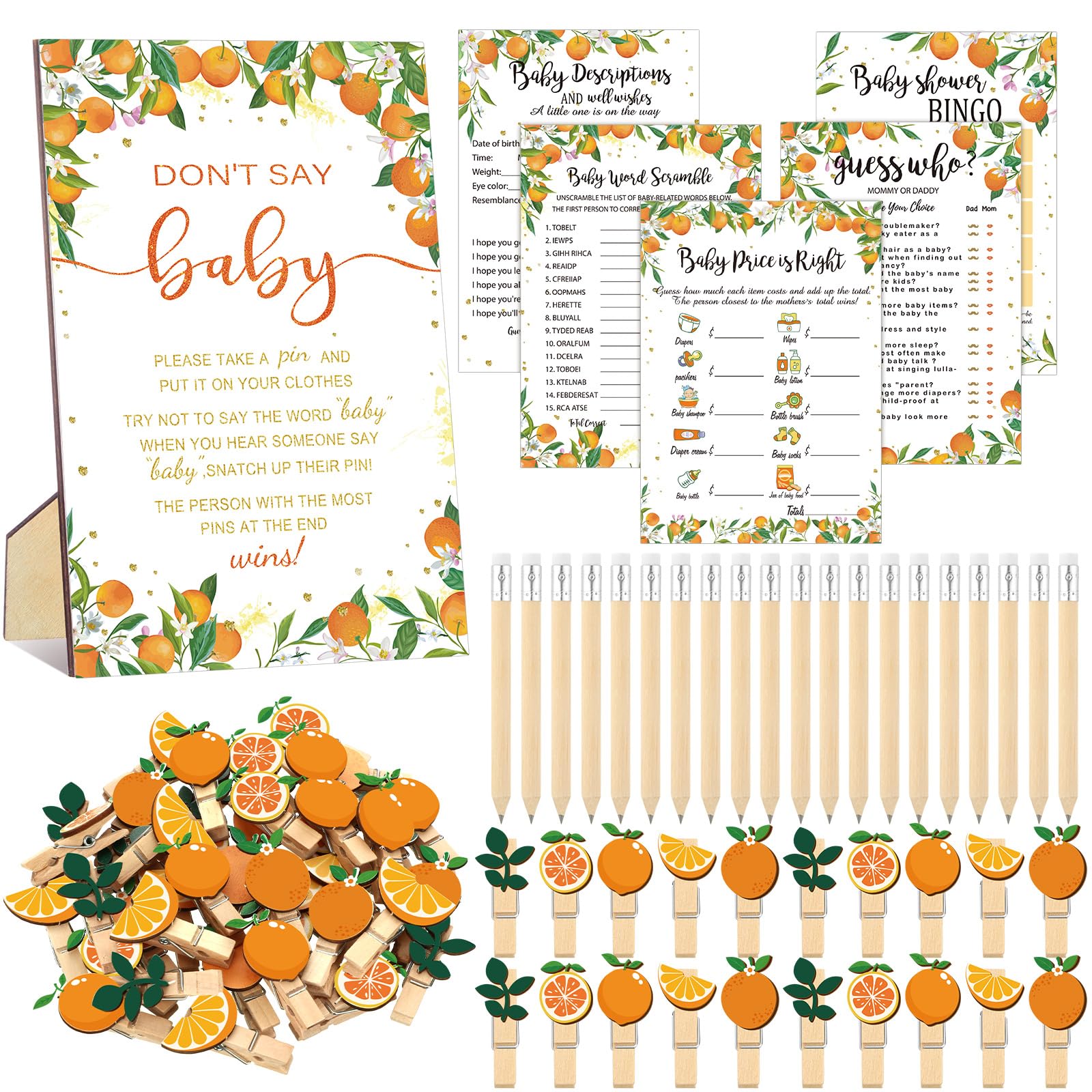 321 Pcs Baby Shower Games Supplies, 5 Sets (50 Cards Each) Activities Cards with 20 Pencils, 1 Don't Say Baby Sign and 50 Pcs Clothespin Theme Baby Shower Game (Orange)