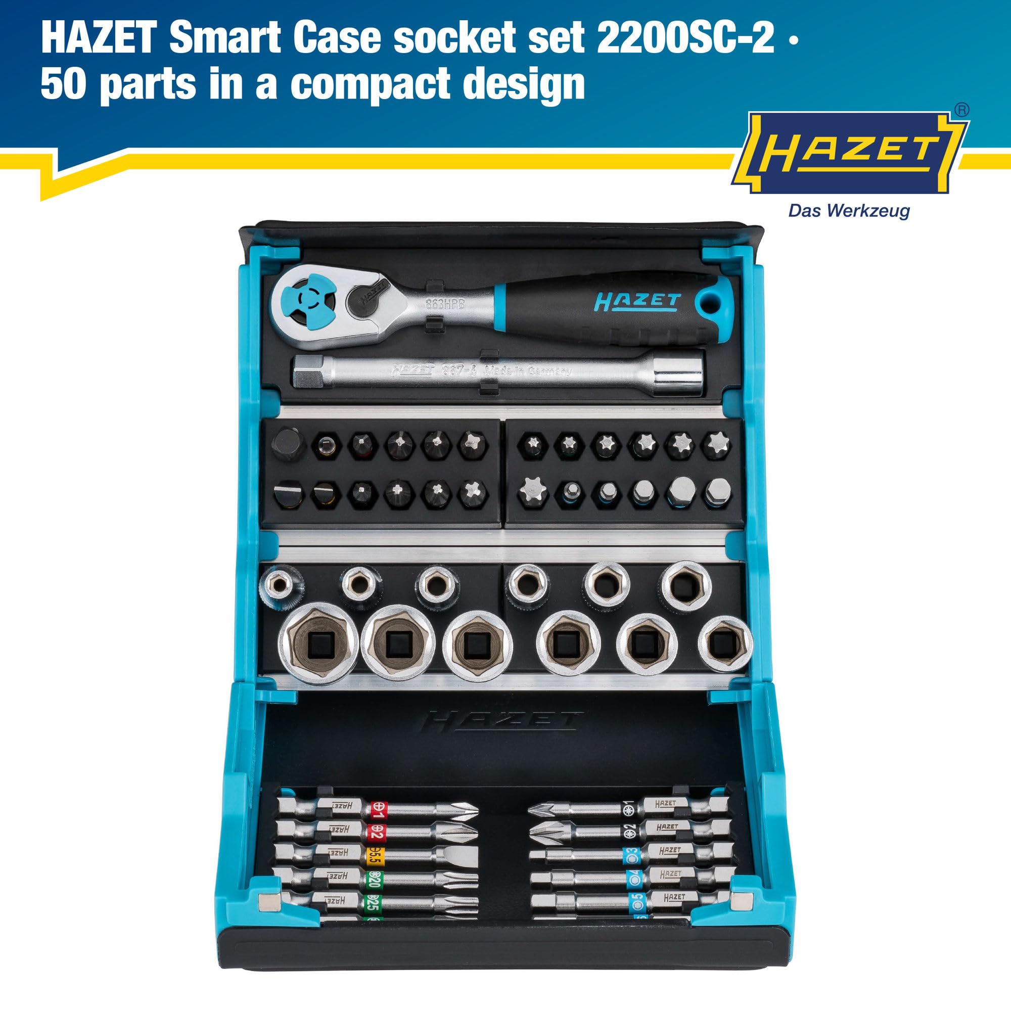 Juego de llaves de vaso HAZET SmartCase 2200SC-2 I Juego de llaves de vaso de 50 piezas, hexágono y cuadrado 6,3 mm (1/4 pulgada), maletín de herramientas móvil FABRICADO EN ALEMANIA