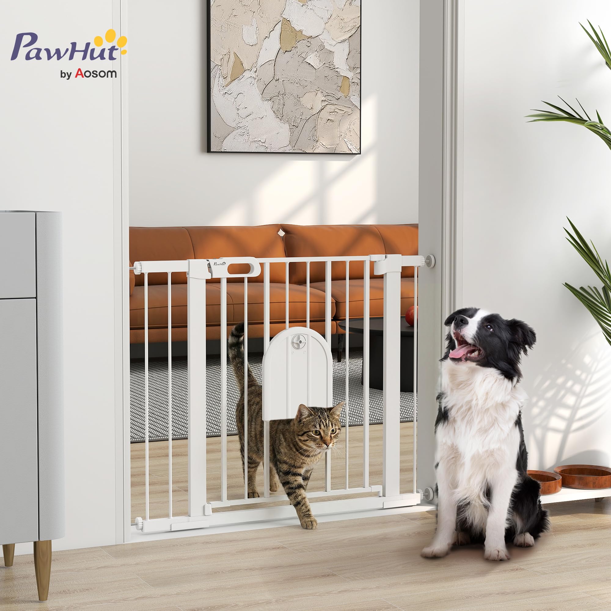 PawHut Barrera de Seguridad para Perros Mascotas 75-103 cm para Escaleras y Puertas con 2 Extensiones Cierre Automático y Sistema de Doble Bloqueo Blanco