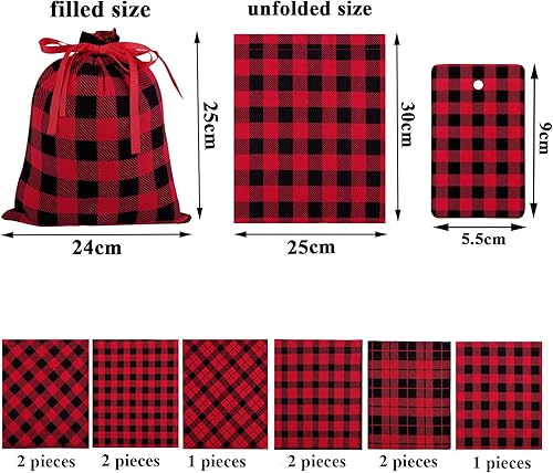 Miniatura 2 de Aneco 10 mini bolsas a cuadros de búfalo de 11.8 x 9.8 pulgadas, bolsa con cordón, bolsa de regalo de Navidad, bolsas de Navidad de algodón para