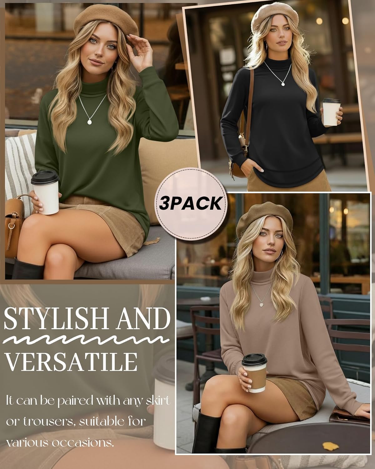 3 Pack Women's Turtleneck Sweatshirts, Long Sleeve Cotton Shirts Curved Hem Pullover Tees Tunic Casual Winter Tops - Image 3