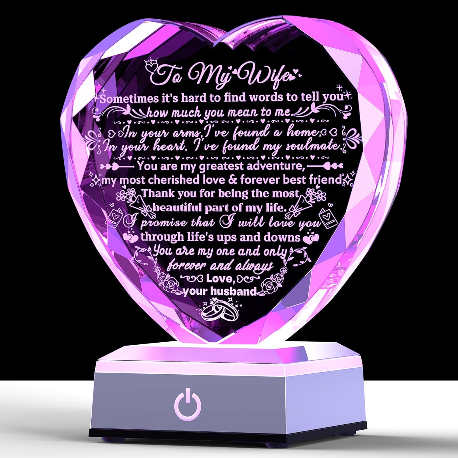 Gifts for Wife from Husband - Wedding Anniversary, Birthday, Mothers Day Gifts Idea - To My Wife Crystal Heart Keepsake with Multicolor LED Base