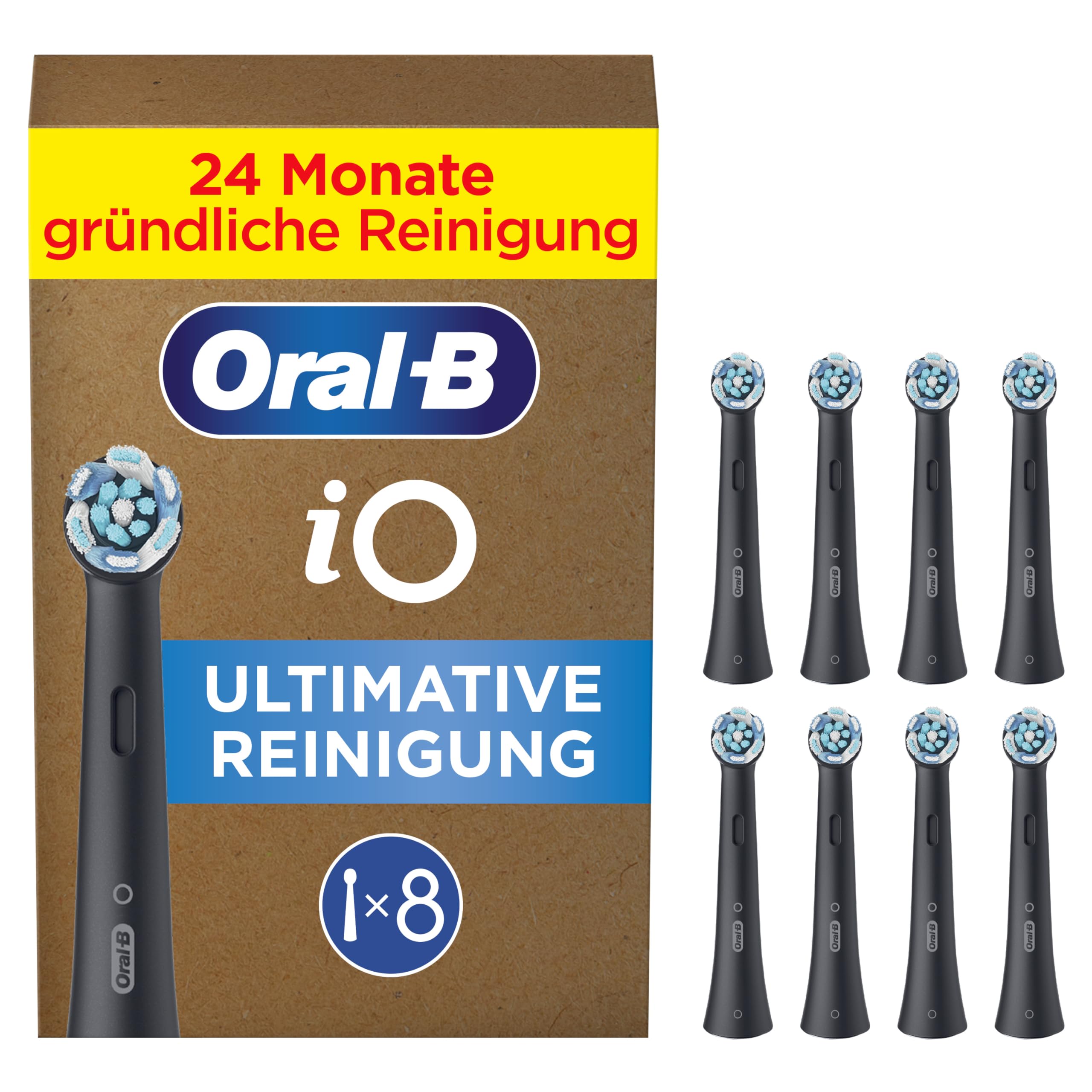 Oral-B iO Ultimative Reinigung Aufsteckbürsten — ORIGINAL Zahnbürstenaufsatz für Elektrische Oral-B iO Zahnbürsten — Ersatzbürsten, Bürstenköpfe — Tiefenreinigung & Plaqueentfernung — Schwarz, 8 Stück