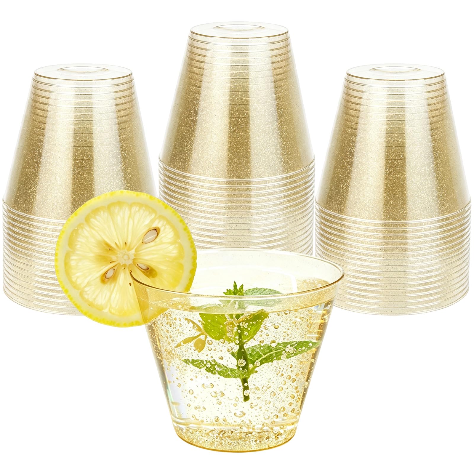 50Pcs Clear Plastic Cups - 9oz Gold Glitter Party Cups, Reusable Glasses