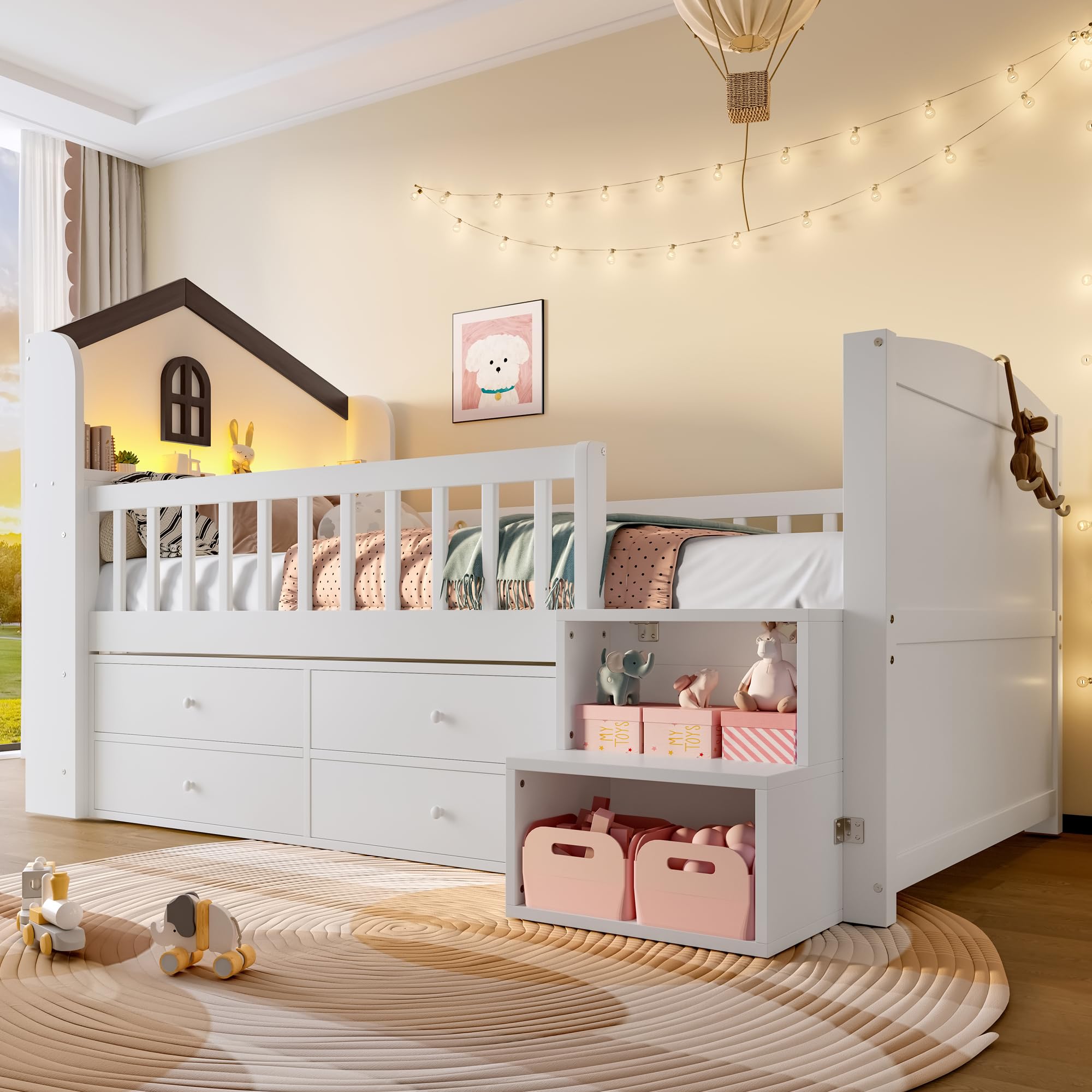 Mrwoo Kinderbett 90x200 cm mit LED-Lichtleiste und 4 Schubladen, Holzbett mit Hausform und Fenster, Stauraumbett mit Treppe Stauraum, Halbhohes Bett, Weiß(Ohne Matratze)