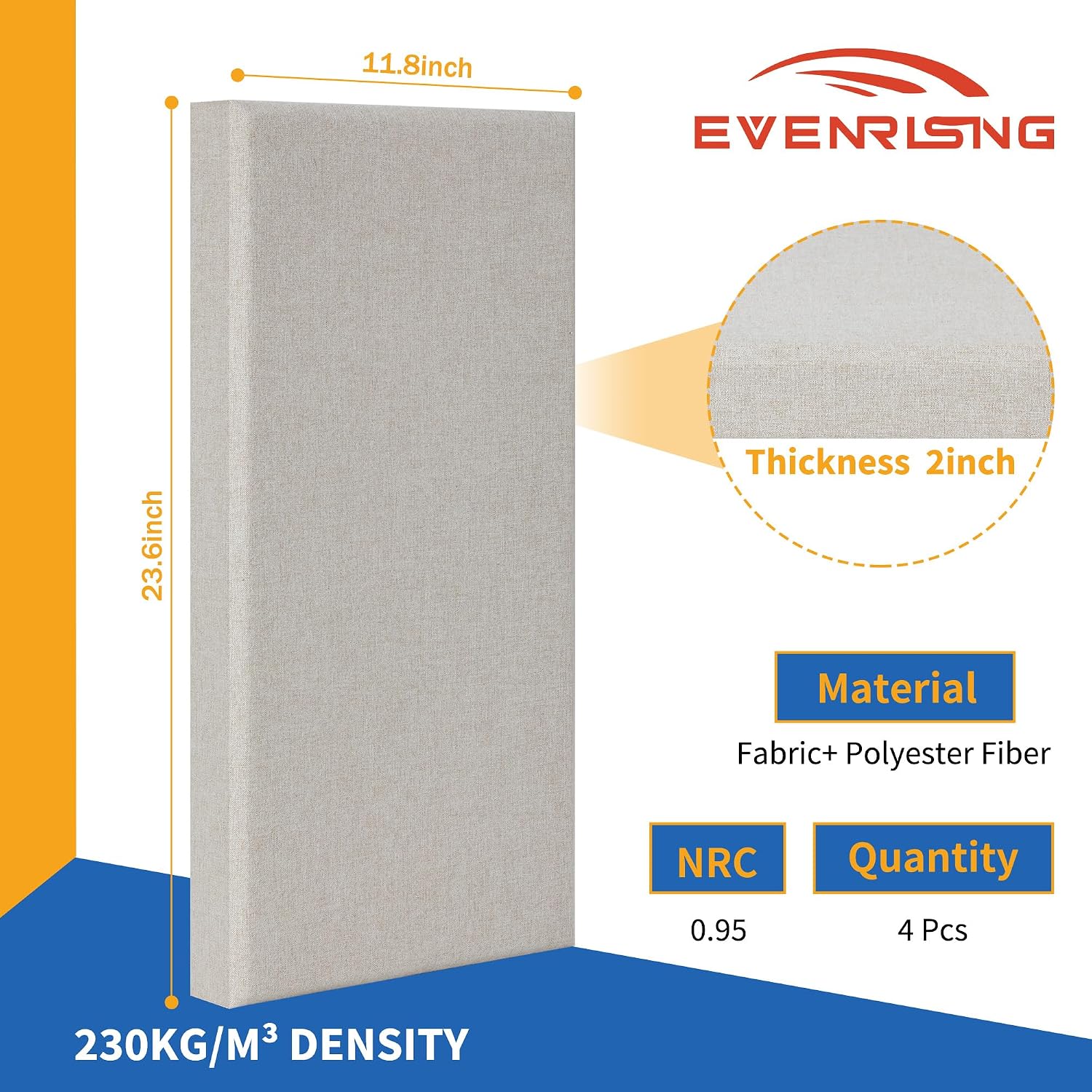 4 PCS Fabric Acoustic Panels,24''x12''x2'' Sound Proof Panels for Walls,Acoustic Wall Panels, Self-adhesive Soundproof Wall Panels for Echo Absorption for Home Studio Office (flaxen）