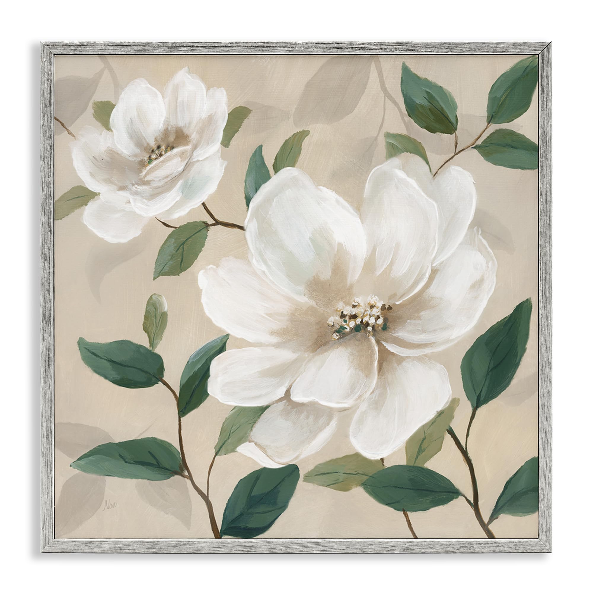 Stupell Industries Farmhouse Gray (Textured) 'Serene White Blossom With Leaves'| Framed Giclee Art