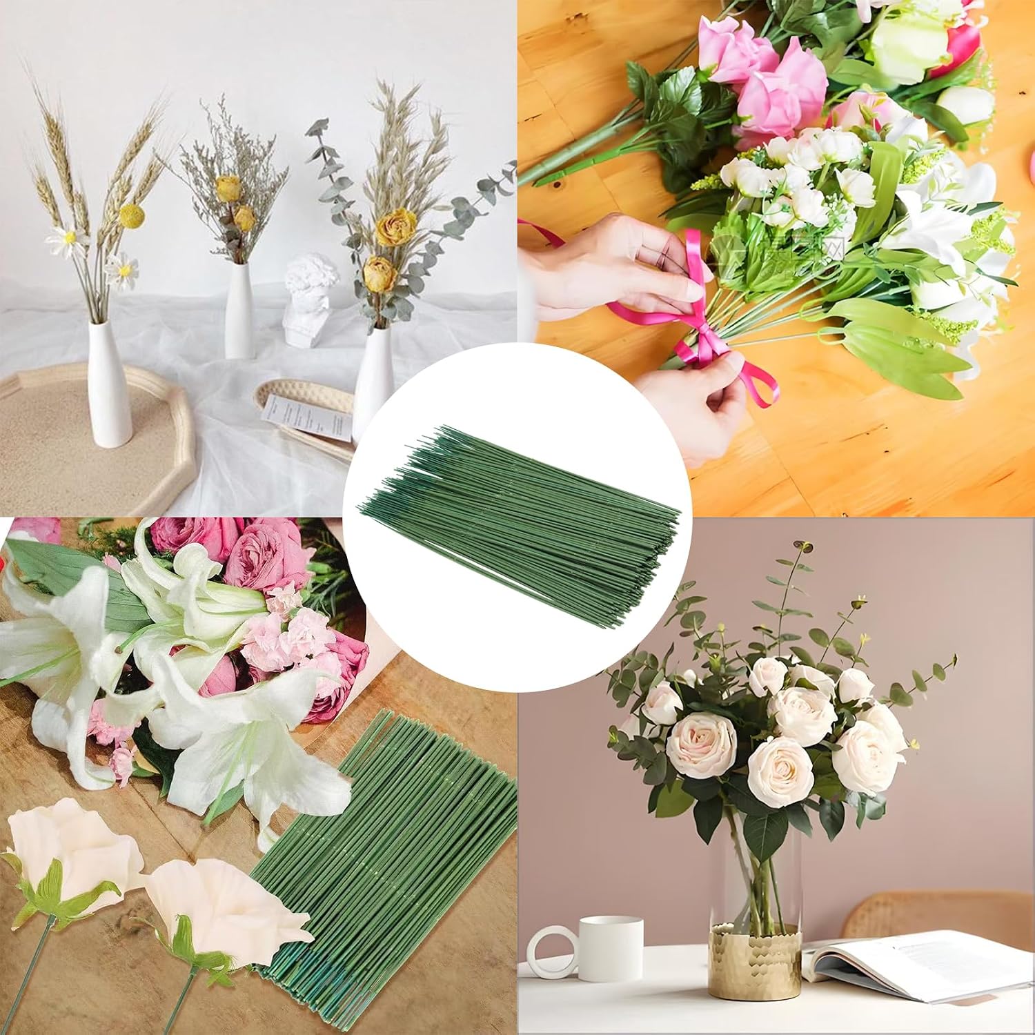 Pine & Linen 200pcs Floral Stem Wire,Artificial Flower Rod Green Florist Wires Plastic Stem,Ideal for Crafts Person Plant Stub Wire for Flower Arrangement Supplies/Crafters(25cm/10inch)