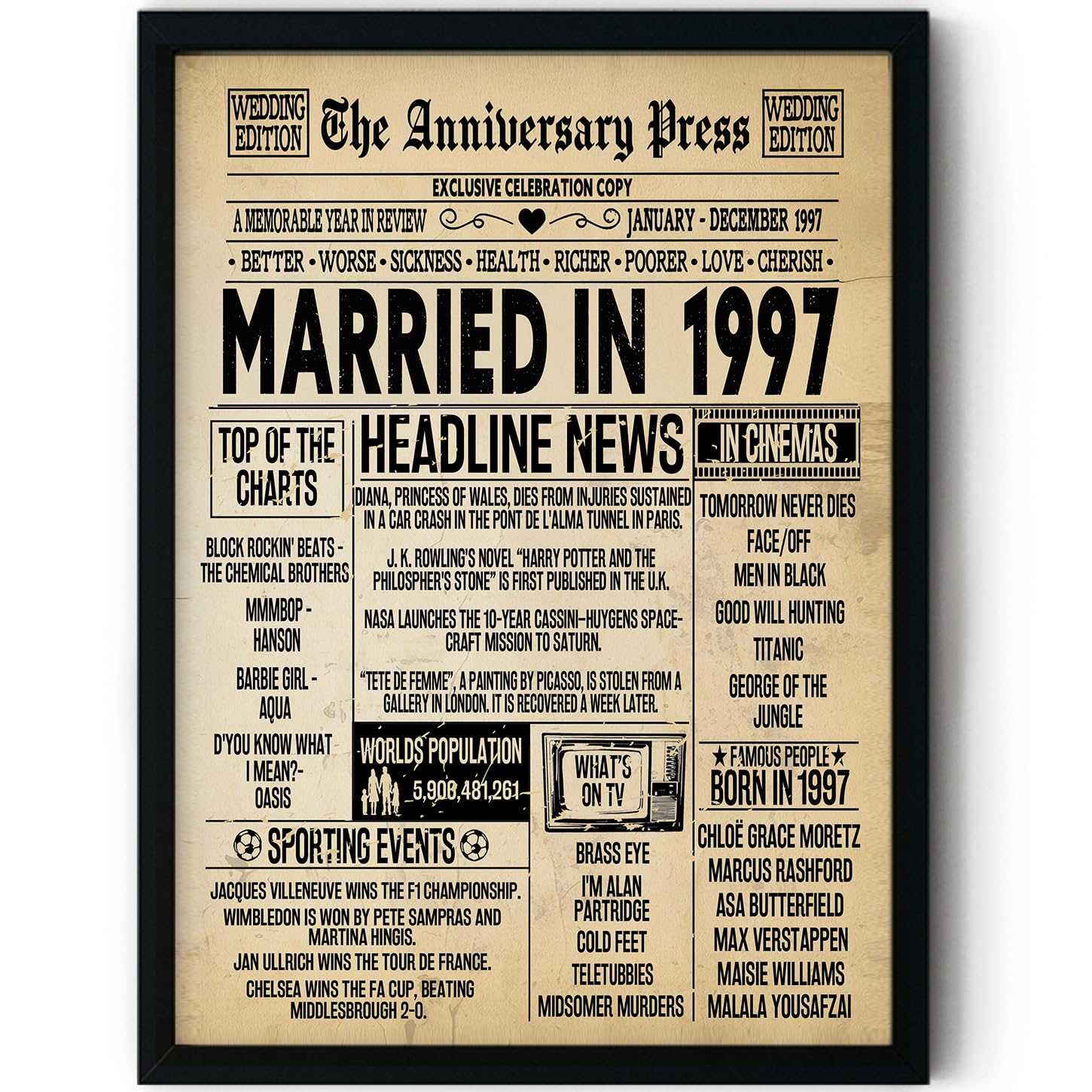 Stuff4 Men's 1997 29Th Anniversary Poster Framed - Married In Newspaper - 29 Wedding Anniversary For Wo Retro Vintage Gifts Back In 8X10 Inch Anniversaries Posters