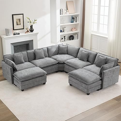 Miniatura 38 de Sofá seccional de 111'' con asiento profundo tipo nube, sofá seccional moderno y cómodo de chenilla en forma de L para juego de sala de estar, sofá