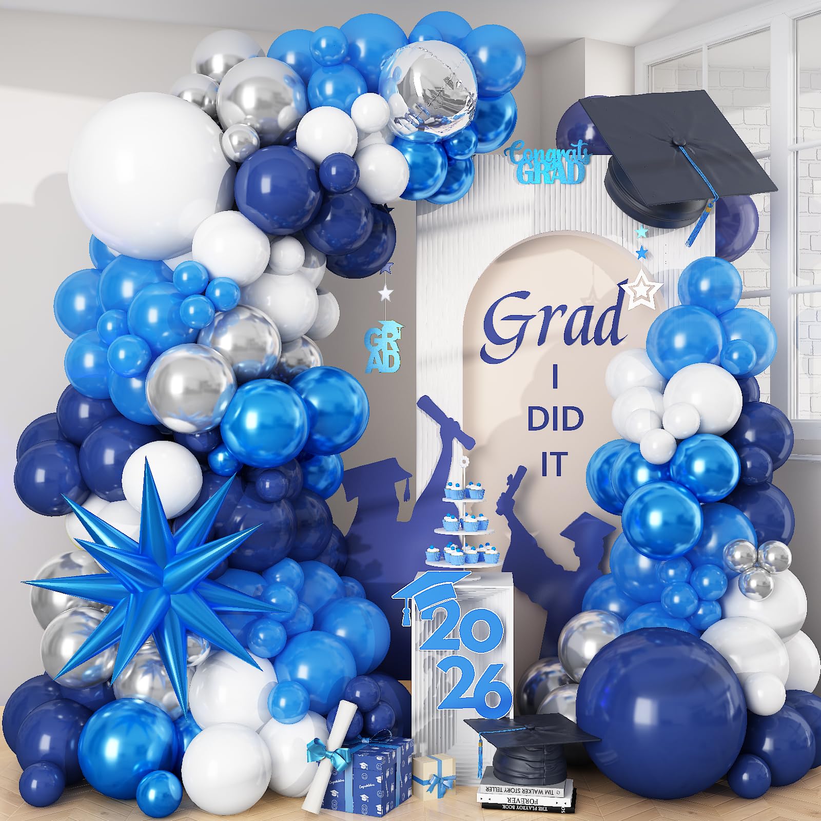Graduation Balloon Arch Kit 2026 Blue and White Balloon Garland Royal Blue White Silver Balloons with Star Foil for Congrats Grad Class Retirement Prom Birthday Baby Shower Wedding Party Decorations