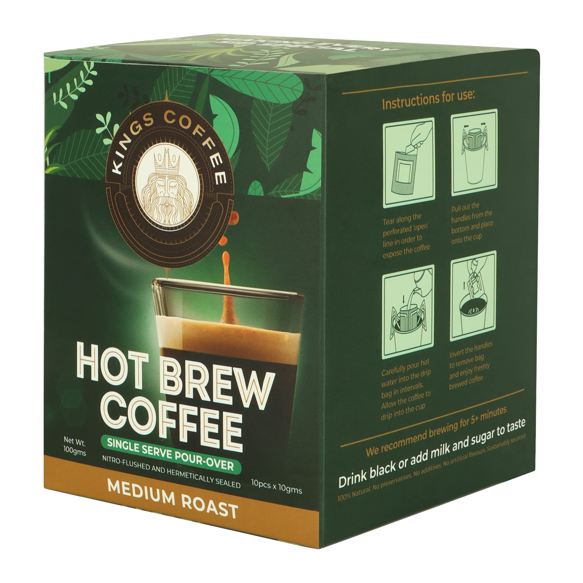 Kings Coffee Easy Pour Coffee Brew Bags | Medium Roast | set of 10 Bags| Made Up of 100% Arabica Coffee Beans