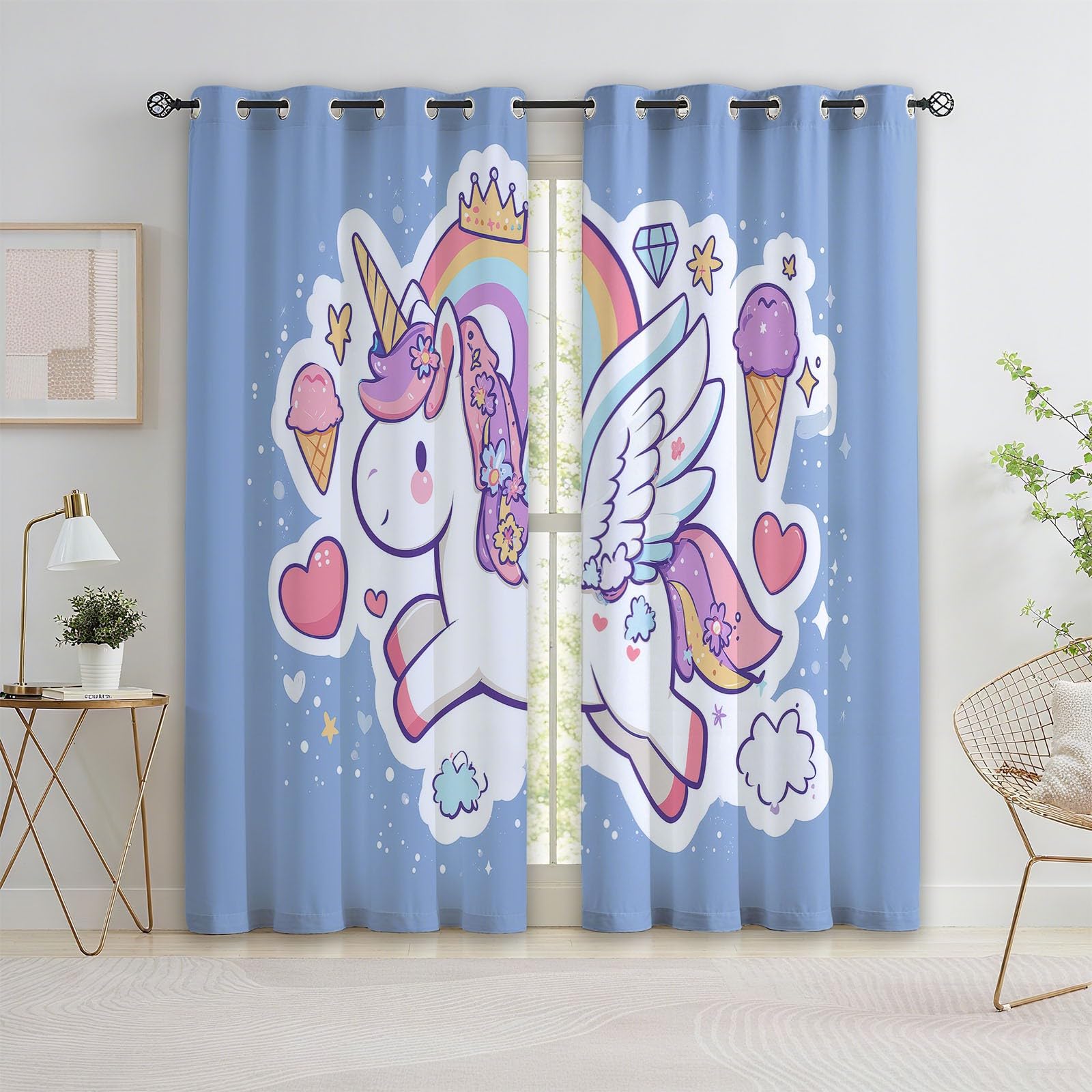 Générique Licorne De Dessin Anim Rideau Occultant Lot de 2 Chambre Enfant Fille Garcon, Bleu Rideaux Acoustiques Opaque Salon Chambre Décoration L 91.5 X H 214 cm