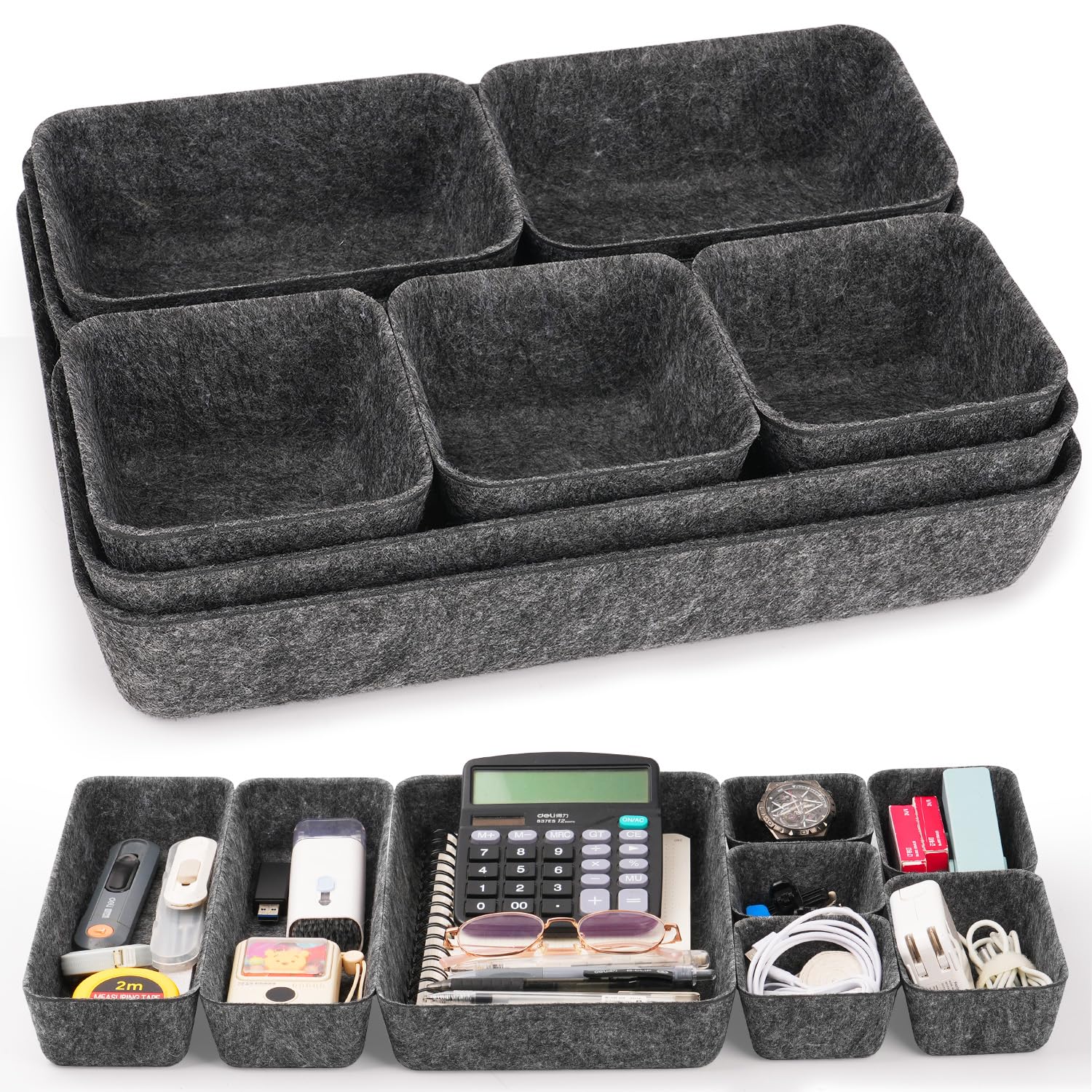 Jrhslcxlt Dark Gray Felt Drawer Organiser Trays 8 Pack, Stackable Desk Drawer Dividers Set, Soft Storage Boxes For Office Desk, Cosmetics, Kitchen And Bathroom Organisation, Dark Grey