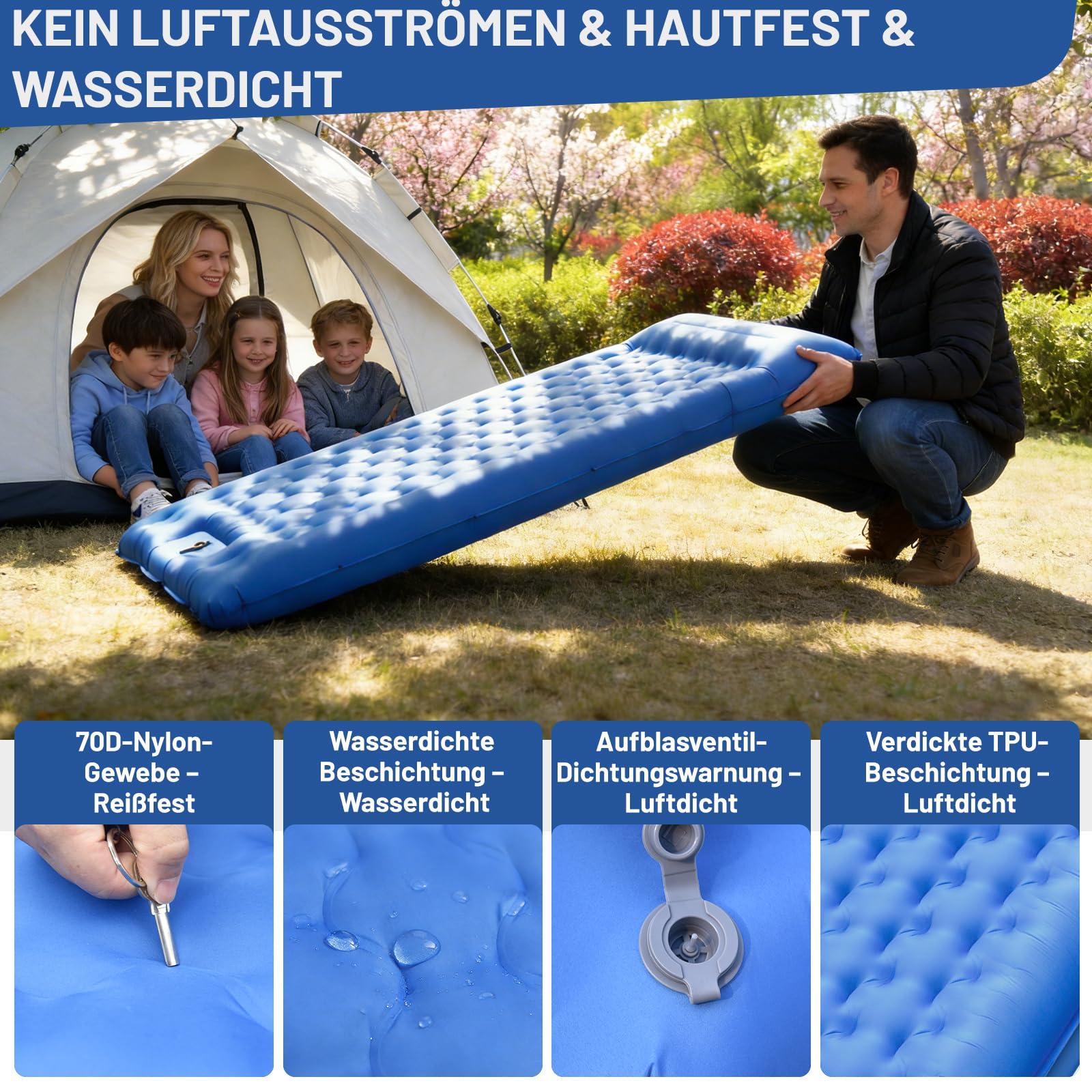 NAPASA Isomatte Camping, 16CM Verdicktes Aufblasbare Matratze mit Eingebauter Fußpresse Pumpe & Kissen, Wasserdicht, Anti-Ripstop Schlafmatte für Wandern, Strand, Reisen, Zelt(Blau)