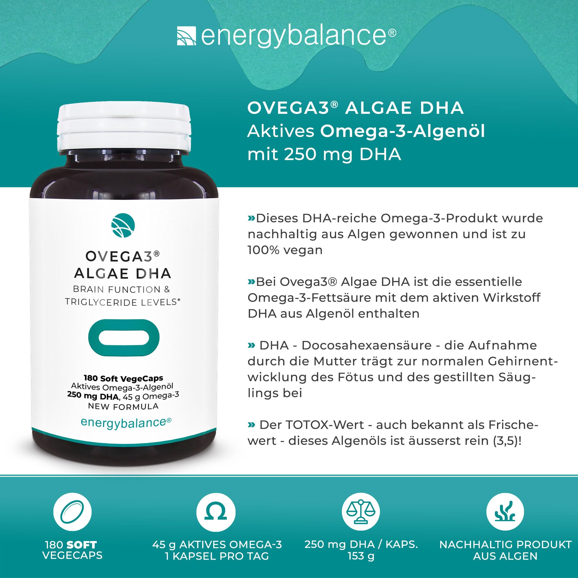 EnergyBalance Ovega3 Algae DHA – Veganes Omega 3 aus Algenöl – 180 VegeCaps mit 250 mg DHA – Pflanzliche Alternative zu Fischöl – Ohne Gelatine, Vegan, Glutenfrei