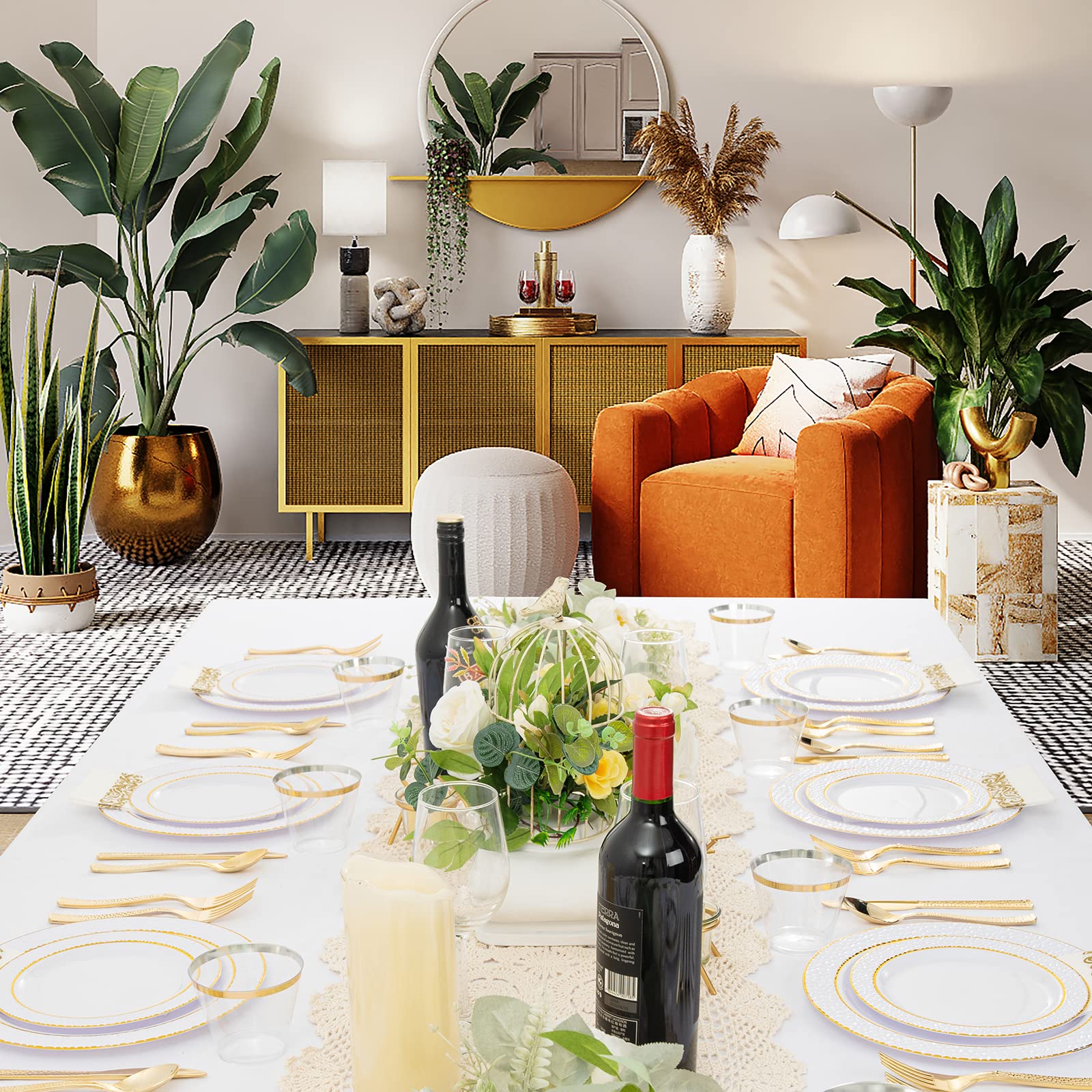 FLOWERCAT 175PCS Gold Plastic Plates&White and Gold Plastic Dinnerware-Include 50Plates, 25Knives, 25Spoons, 25Forks, 25Cups, 25Napkins - Disposable Plates Ideal for Wedding, Party