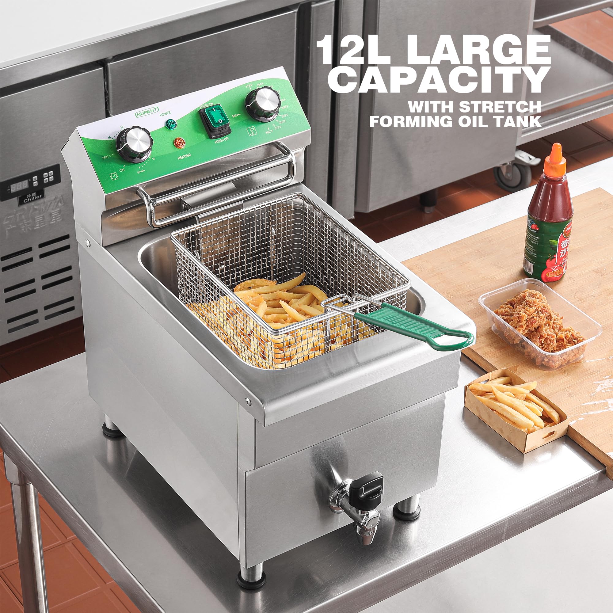 NUPANT 12.7 QT Commercial Fryer Electric Deep Fryer with Basket and Lid,Commercial Deep Fryer with Oil Filtration and Timer, Stainless Steel DEEP FRYER Countertop Fryer for Home Restaurant 110V/1750W